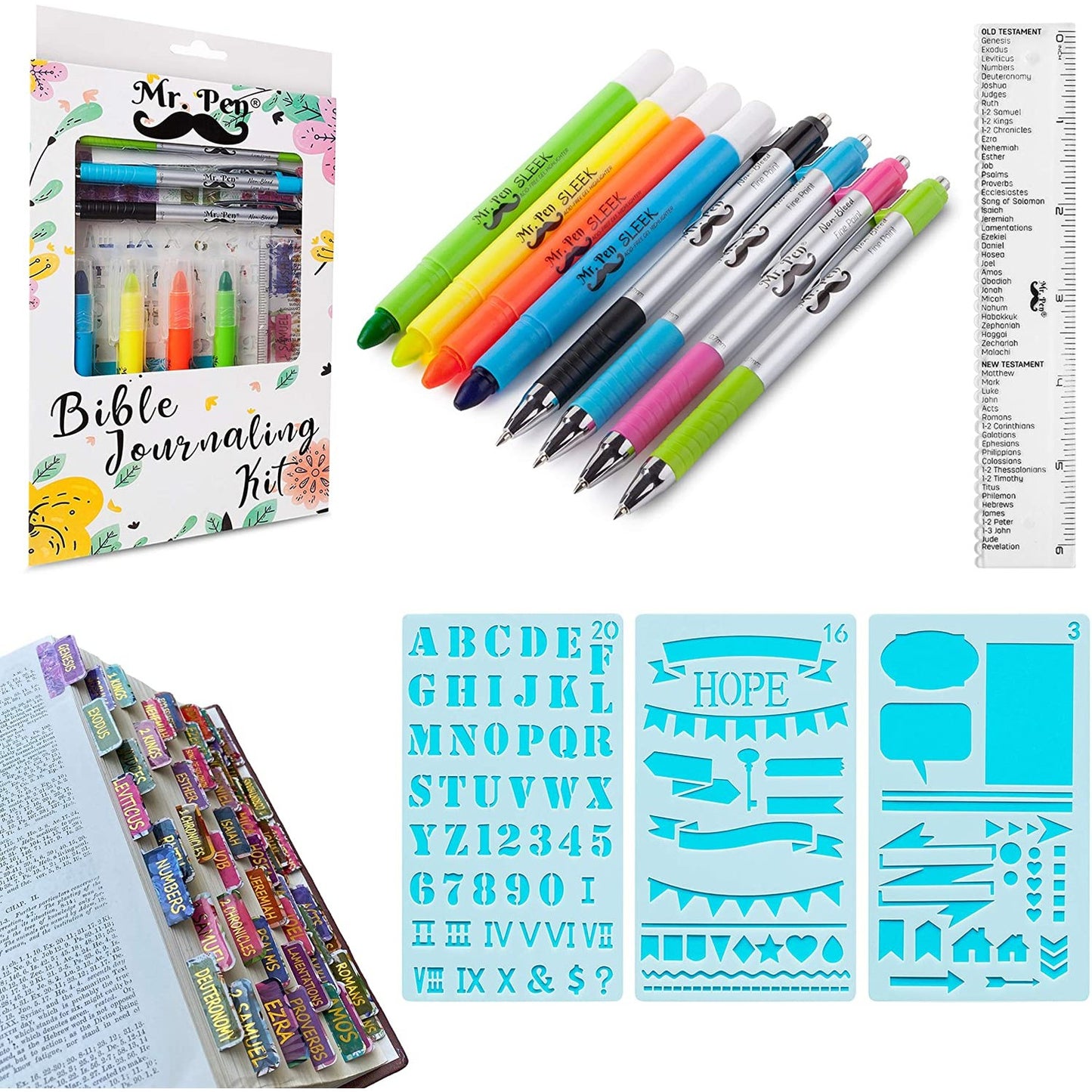 Bible Journaling Kit, 13 Pack — No Bleed Pens, Highlighters, Tabs, Ruler, Stencils & More