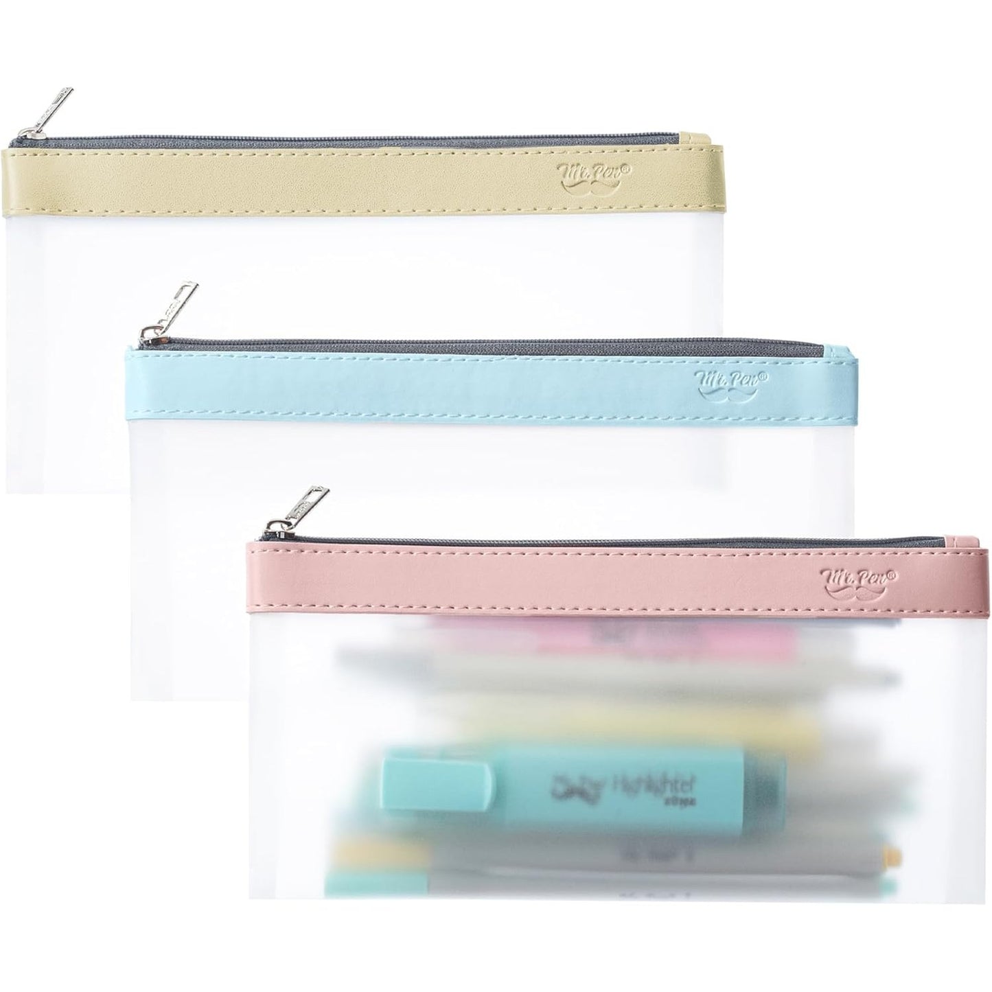 Clear Pencil Pouches, 3 Pack, Transparent TPU Zipper Bags for School, Travel & Makeup