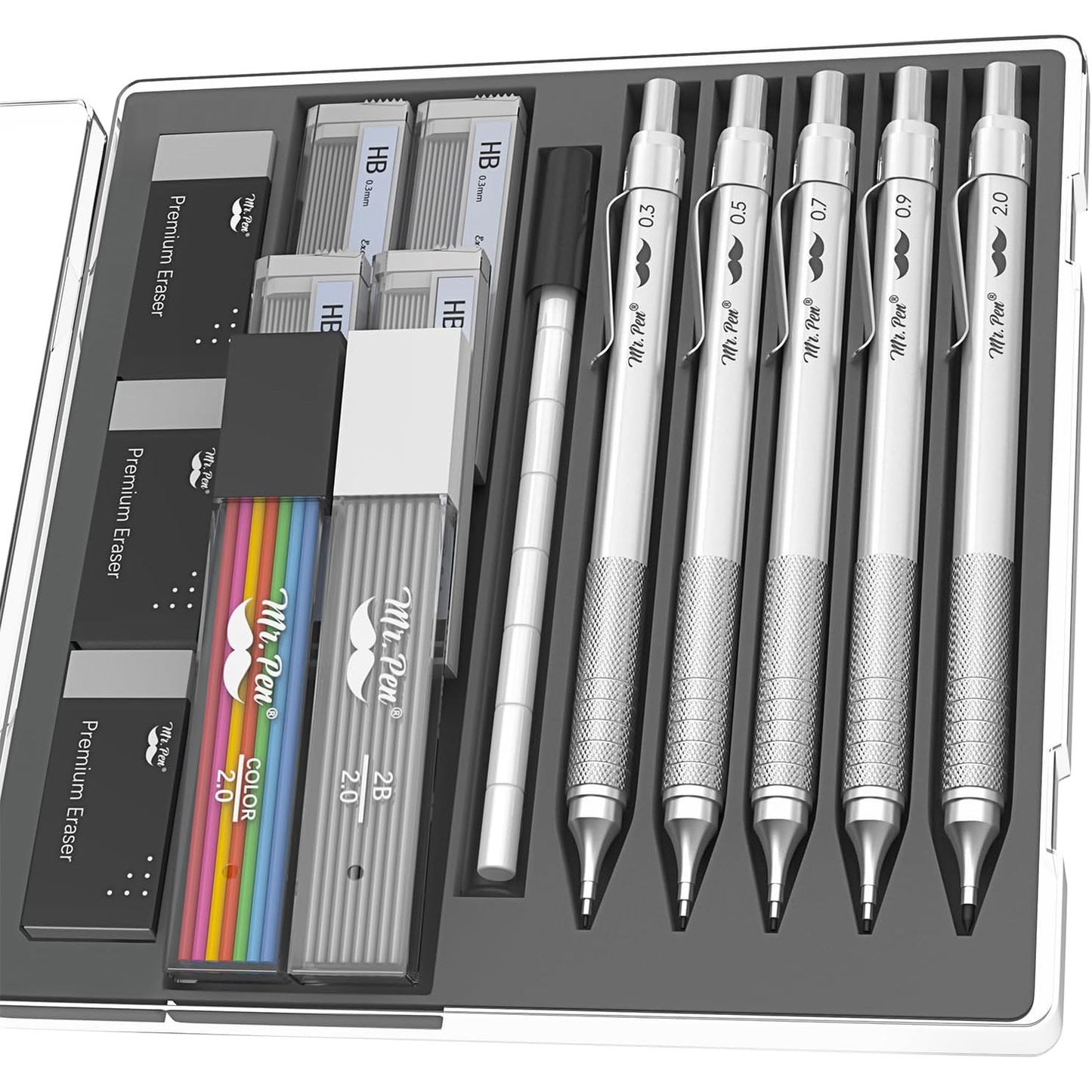 Metal Mechanical Pencil Set with Case, 5 Sizes: 0.3–2.0 mm, Square Barrel, Knurled Grip, HB & 2B Refills