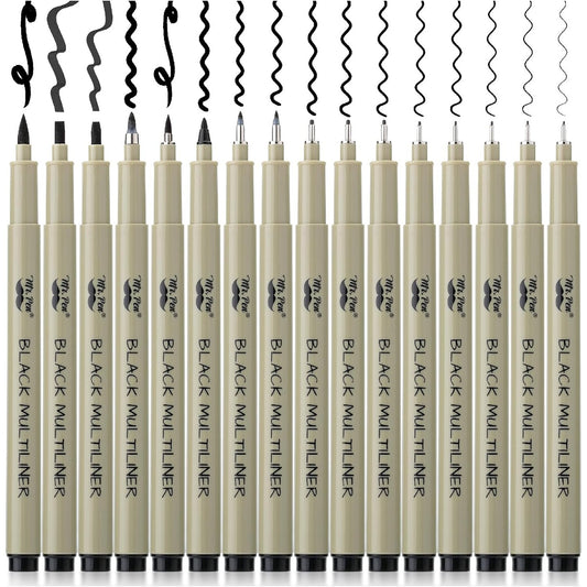 Fineliner Drawing Pens, 16 Pack Black Multiliner Set, Assorted Tip Sizes for Sketching, Notes & Bible Journaling
