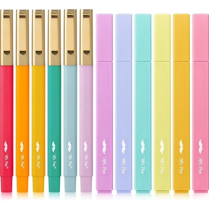 Aesthetic Highlighters & Ballpoint Pens, 12 Pack, Black Ink, No-Bleed, Soft Colors, Chisel Tip + Ballpoint Pens, Journaling & Study Set
