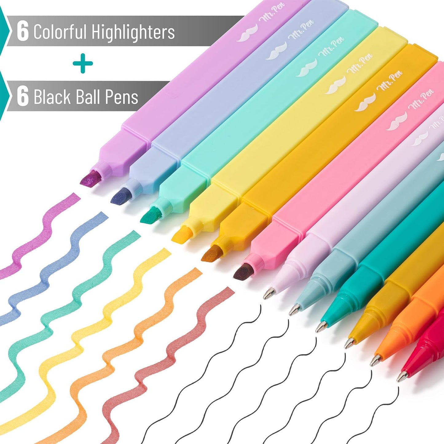 Aesthetic Highlighters & Ballpoint Pens, 12 Pack, Black Ink, No-Bleed, Soft Colors, Chisel Tip + Ballpoint Pens, Journaling & Study Set