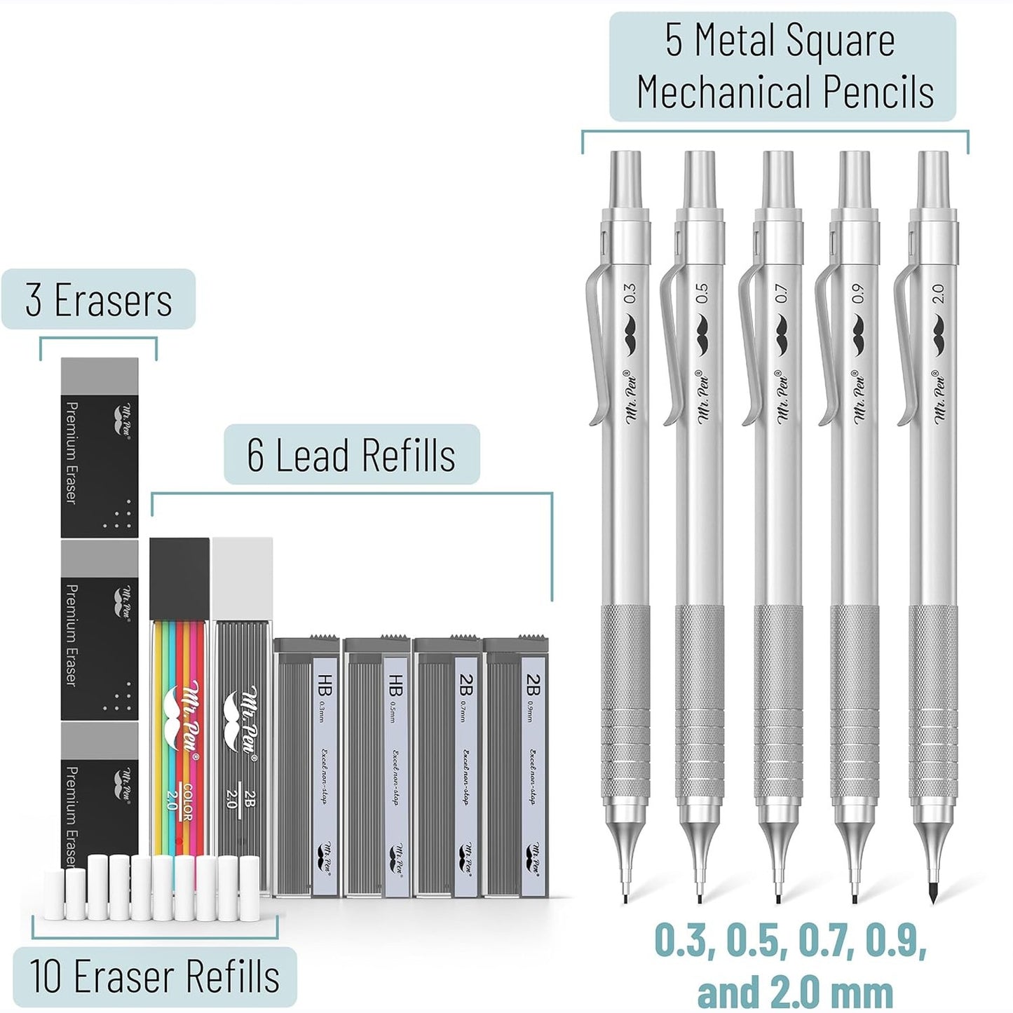 Metal Mechanical Pencil Set with Case, 5 Sizes: 0.3–2.0 mm, Square Barrel, Knurled Grip, HB & 2B Refills