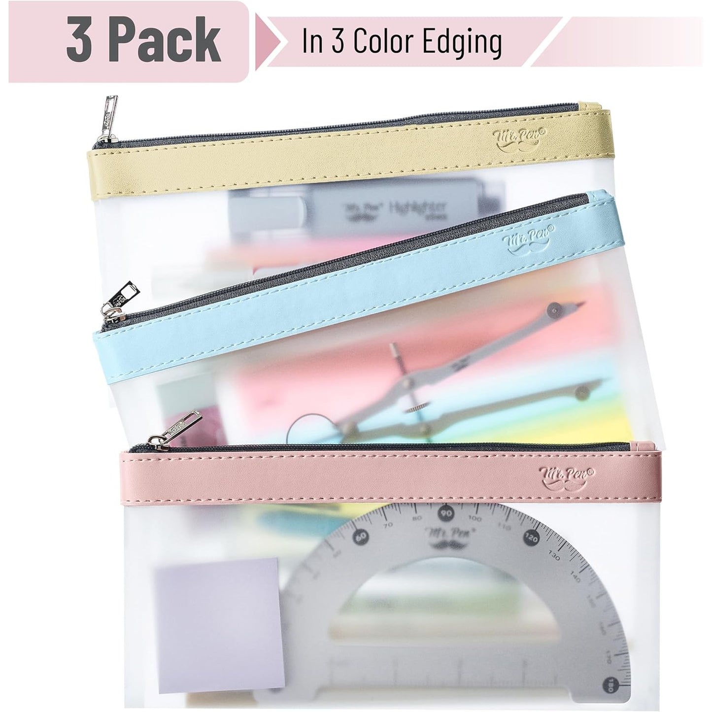 Clear Pencil Pouches, 3 Pack, Transparent TPU Zipper Bags for School, Travel & Makeup