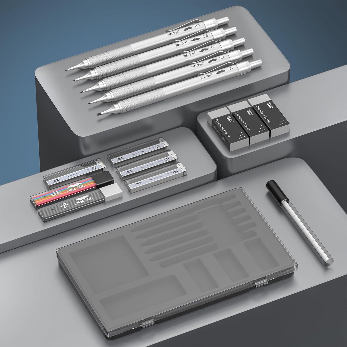 Metal Mechanical Pencil Set with Case, 5 Sizes: 0.3–2.0 mm, Square Barrel, Knurled Grip, HB & 2B Refills