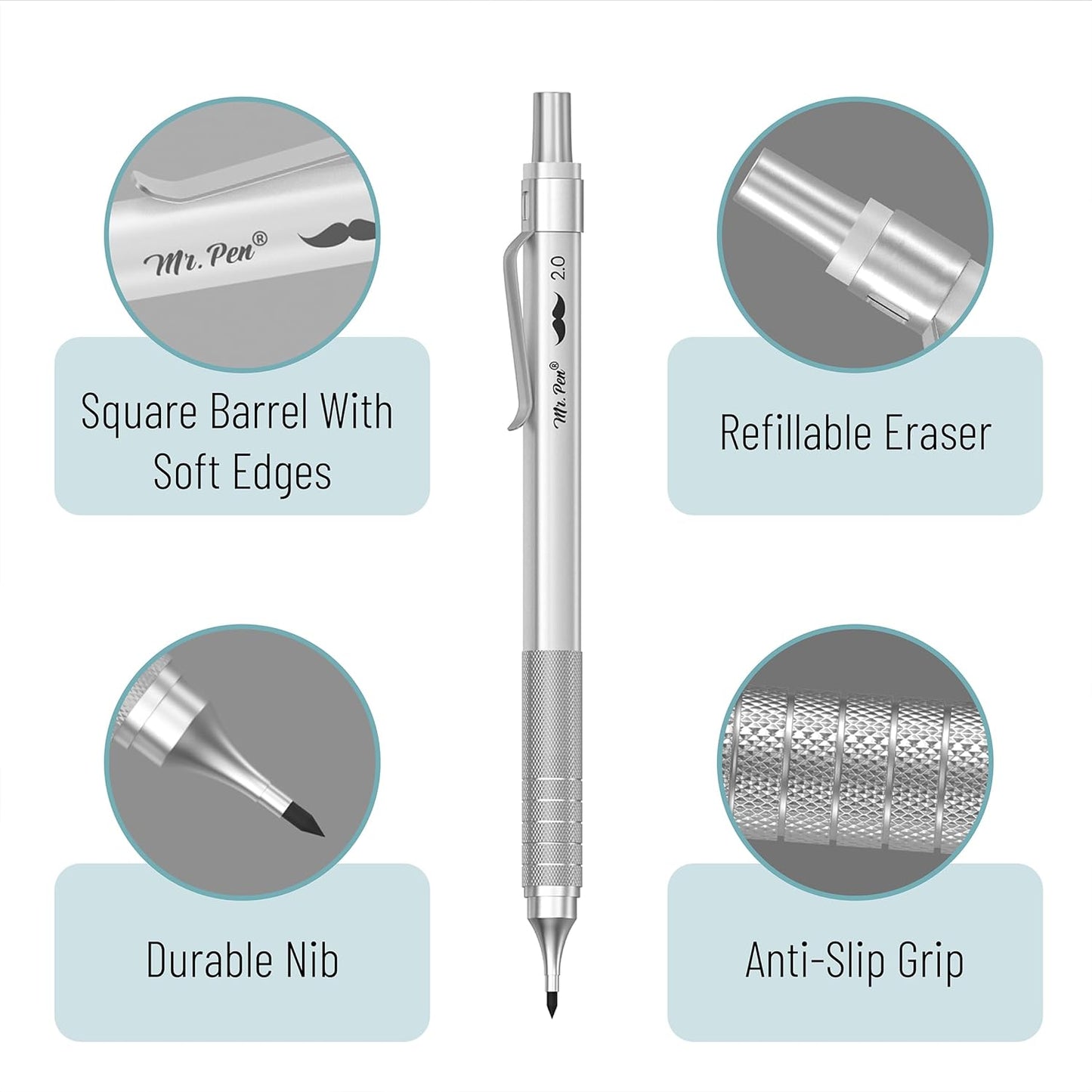 Metal Mechanical Pencil Set with Case, 5 Sizes: 0.3–2.0 mm, Square Barrel, Knurled Grip, HB & 2B Refills