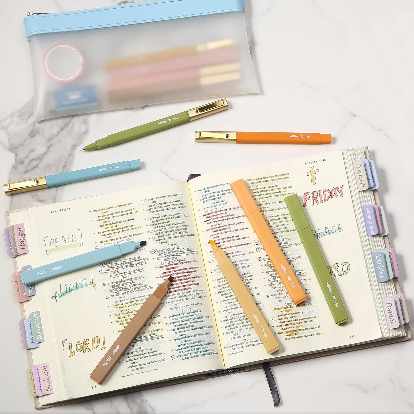 Aesthetic Highlighters and Pens No Bleed, 12 Pack, Pastel Color Bible Highlighters No Bleed, Black Ink Bible Pens, Highlighter Pens, No Bleed Highlighters for Bible, Bible Pens