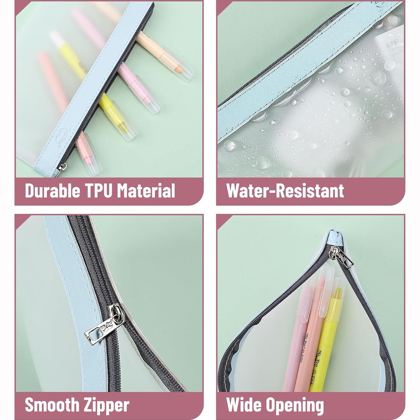 Clear Pencil Pouches, 3 Pack, Transparent TPU Zipper Bags for School, Travel & Makeup