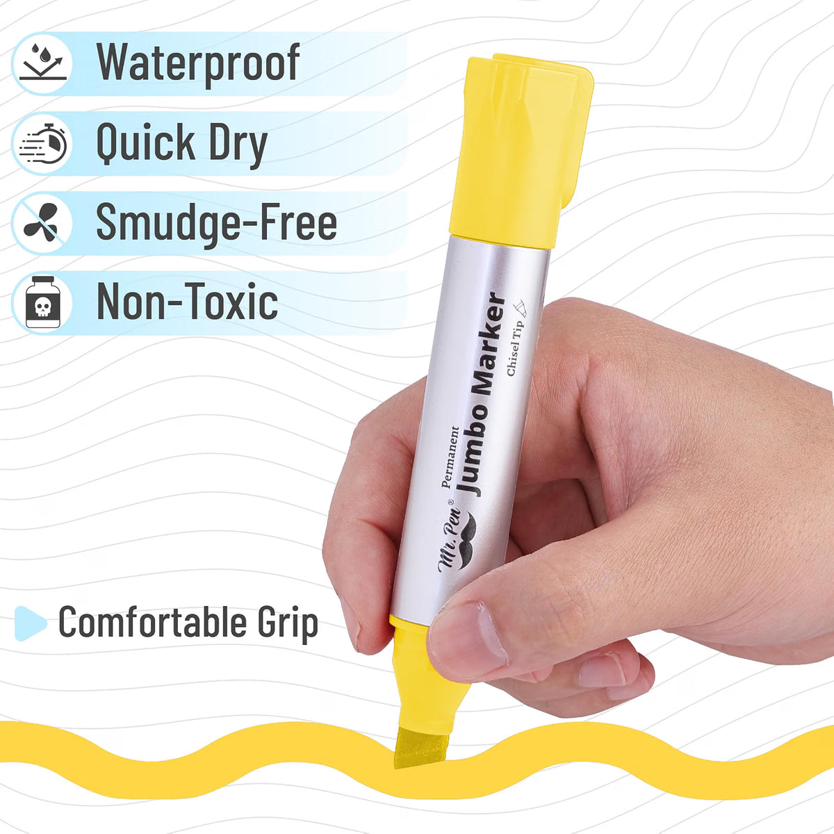 Mr. Pen- Jumbo Permanent Markers, 4 Pack, Yellow, Chisel Tip, Wide Tip Large, Thick Permanent Markers for Canvas, Posters Board, Fabric, Window, Glass, Wood, Waterproof, Quick Dry