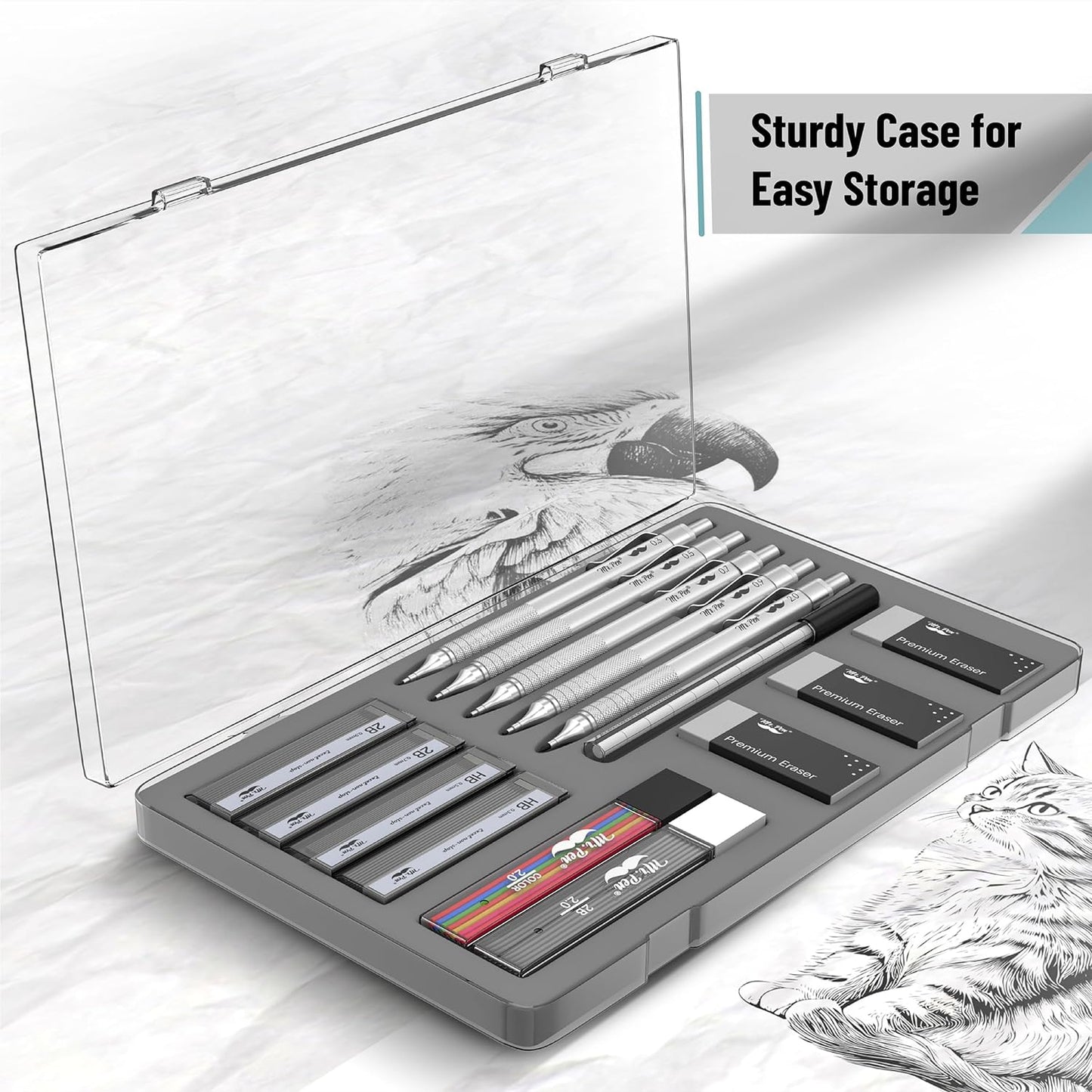 Metal Mechanical Pencil Set with Case, 5 Sizes: 0.3–2.0 mm, Square Barrel, Knurled Grip, HB & 2B Refills