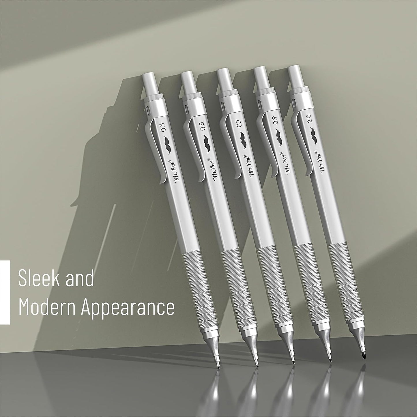Metal Mechanical Pencil Set with Case, 5 Sizes: 0.3–2.0 mm, Square Barrel, Knurled Grip, HB & 2B Refills