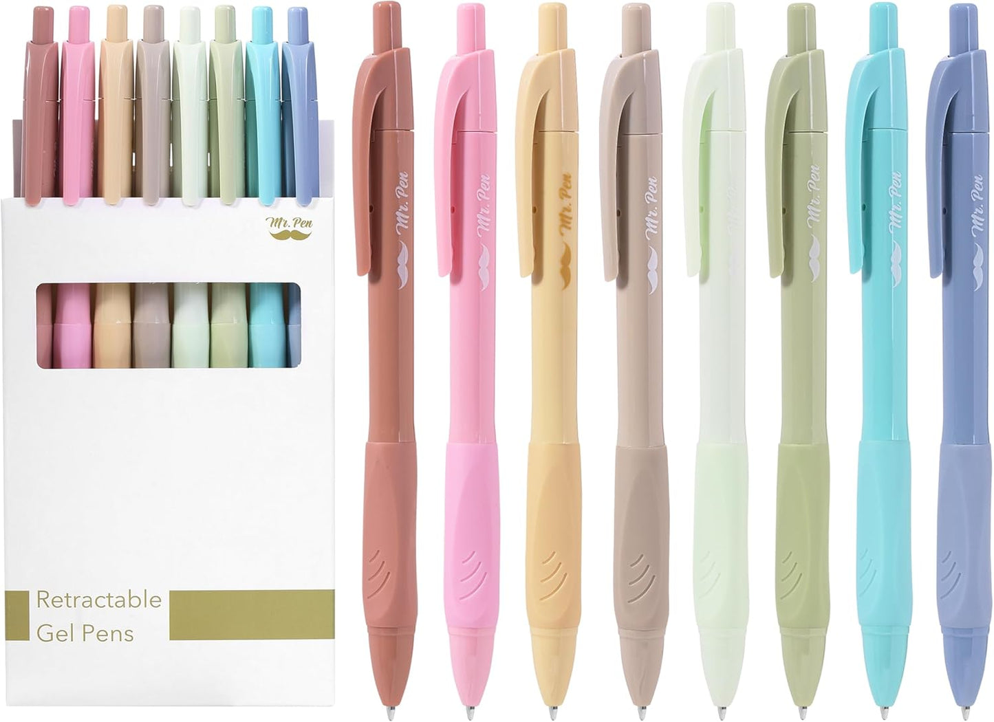 Mr. Pen- Retractable Gel Pens, 8 Pack, Black Ink, Soft Grip, Soft Pastel Barrel Gel Pens Fine Point 0.5mm, Retractable Pens