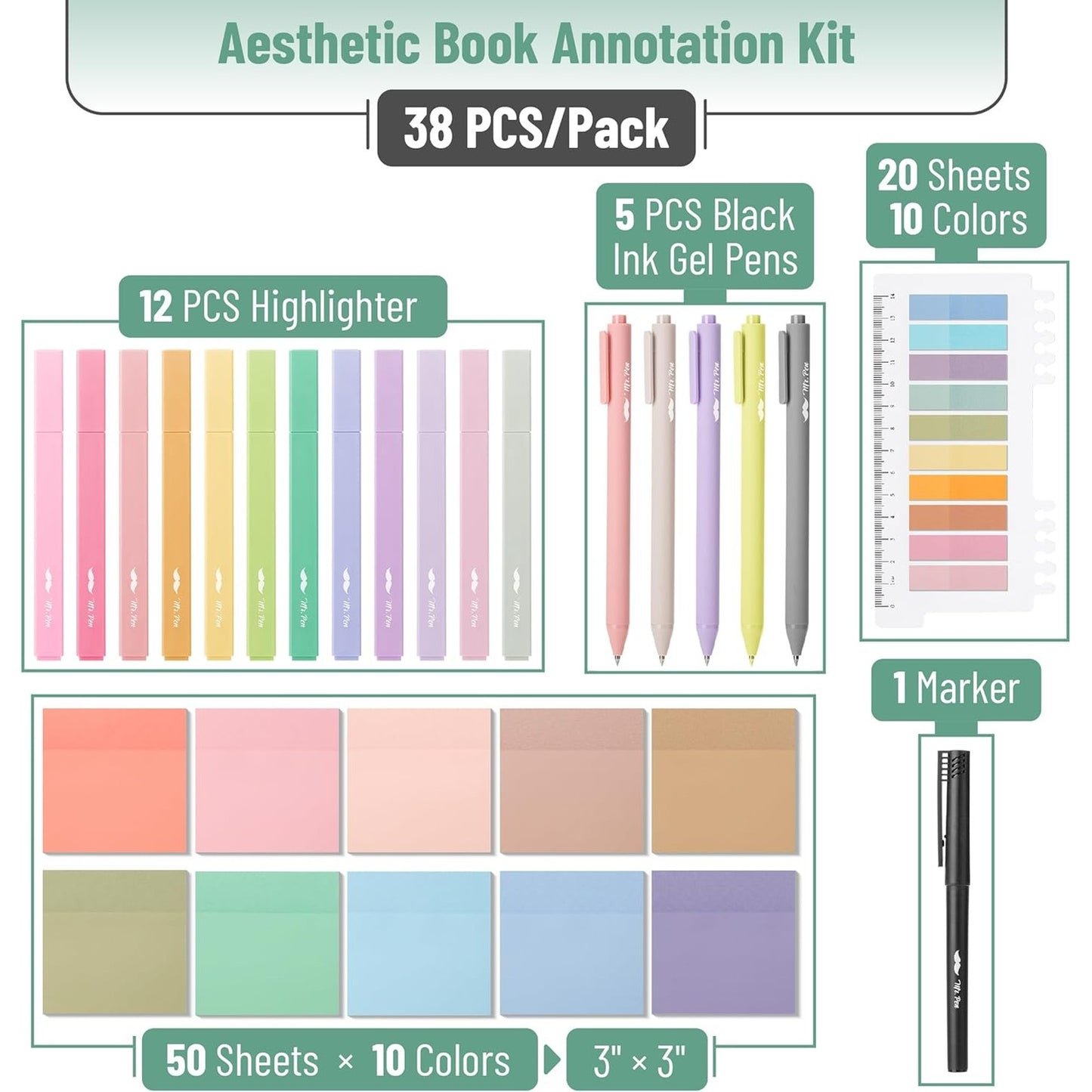 Aesthetic Book Annotation Kit, 38 Pcs, Highlighters, Gel Pens & Sticky Notes Set