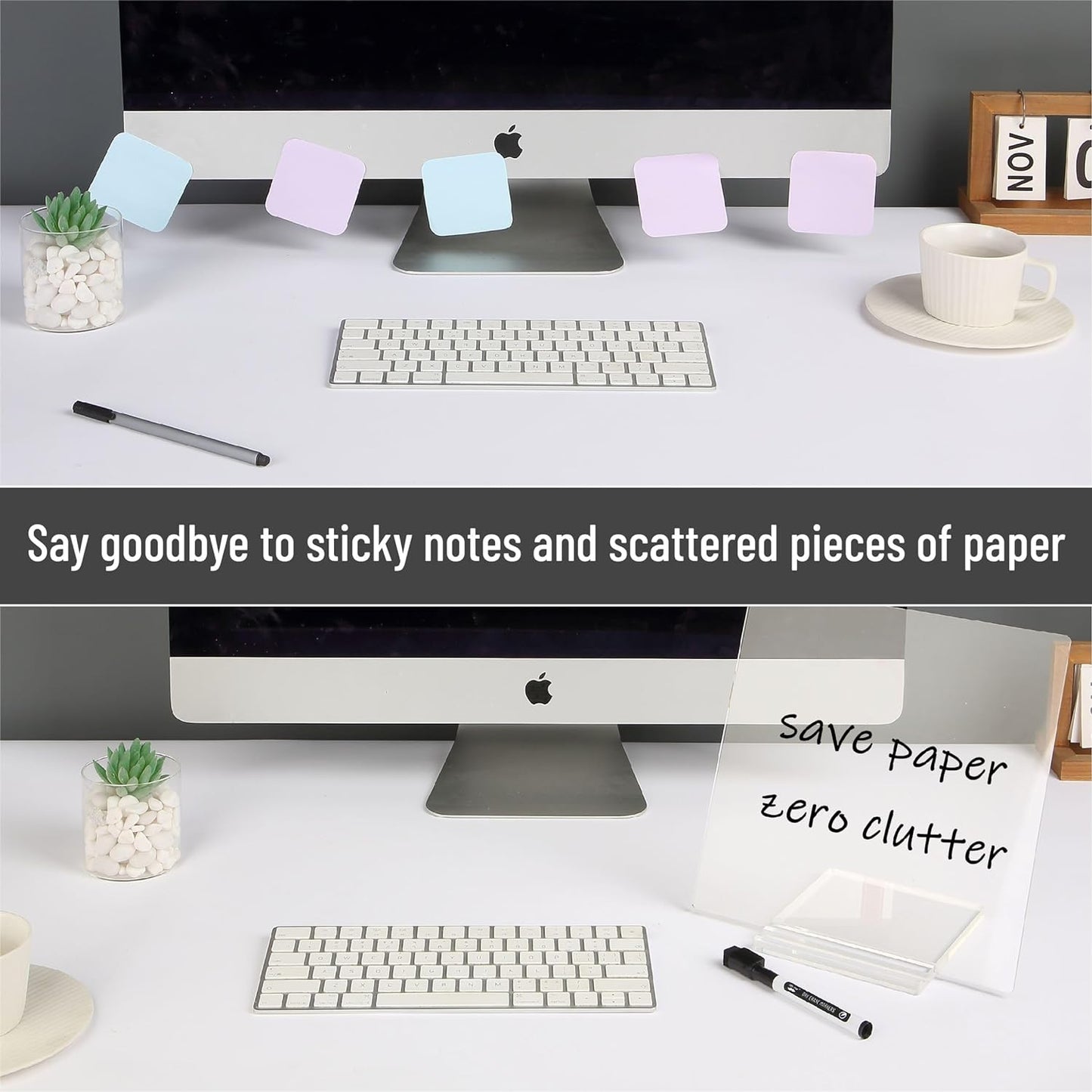 Clear Acrylic Dry Erase Board with Stand, 10"x10", Includes 3 Markers with Eraser Caps, Desk Whiteboard