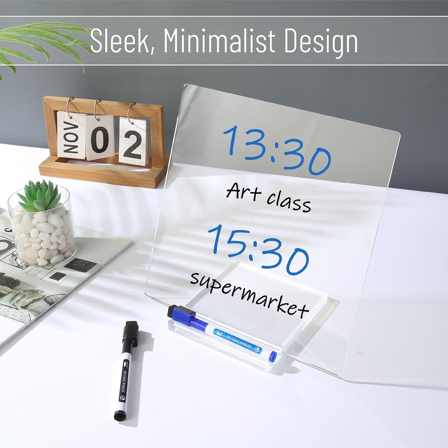 Clear Acrylic Dry Erase Board with Stand, 10"x10", Includes 3 Markers with Eraser Caps, Desk Whiteboard