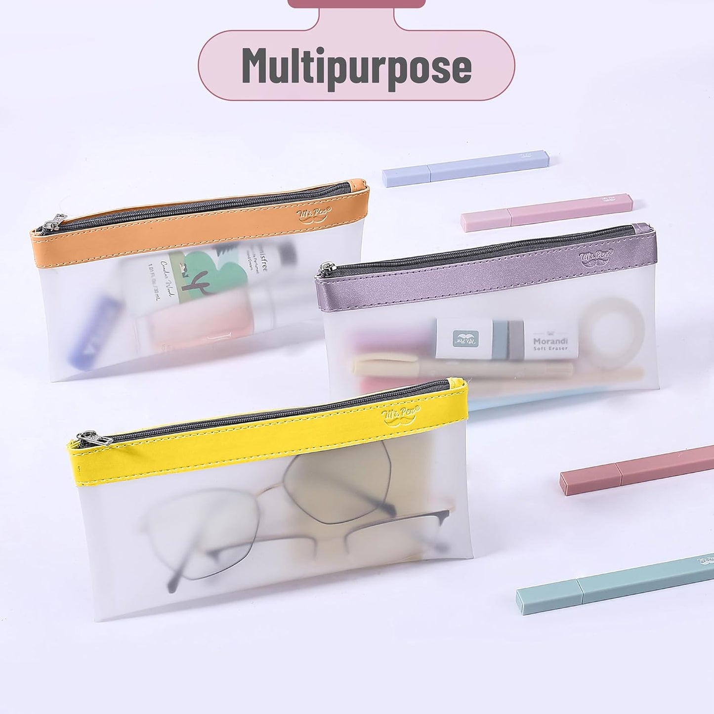Clear Pencil Pouches, 3 Pack, Transparent TPU Zipper Bags for School, Travel & Makeup