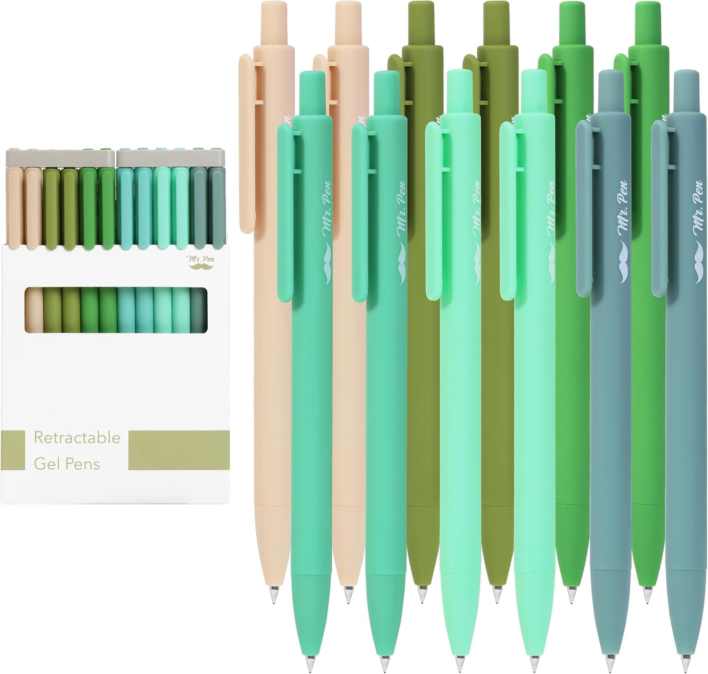 Mr. Pen- Retractable Gel Pens, 12 Pack, Black Ink, Green Ombre Color Barrel Gel Pens, Gel Pens Fine Point 0.5mm, Retractable Pens, Cute Pens