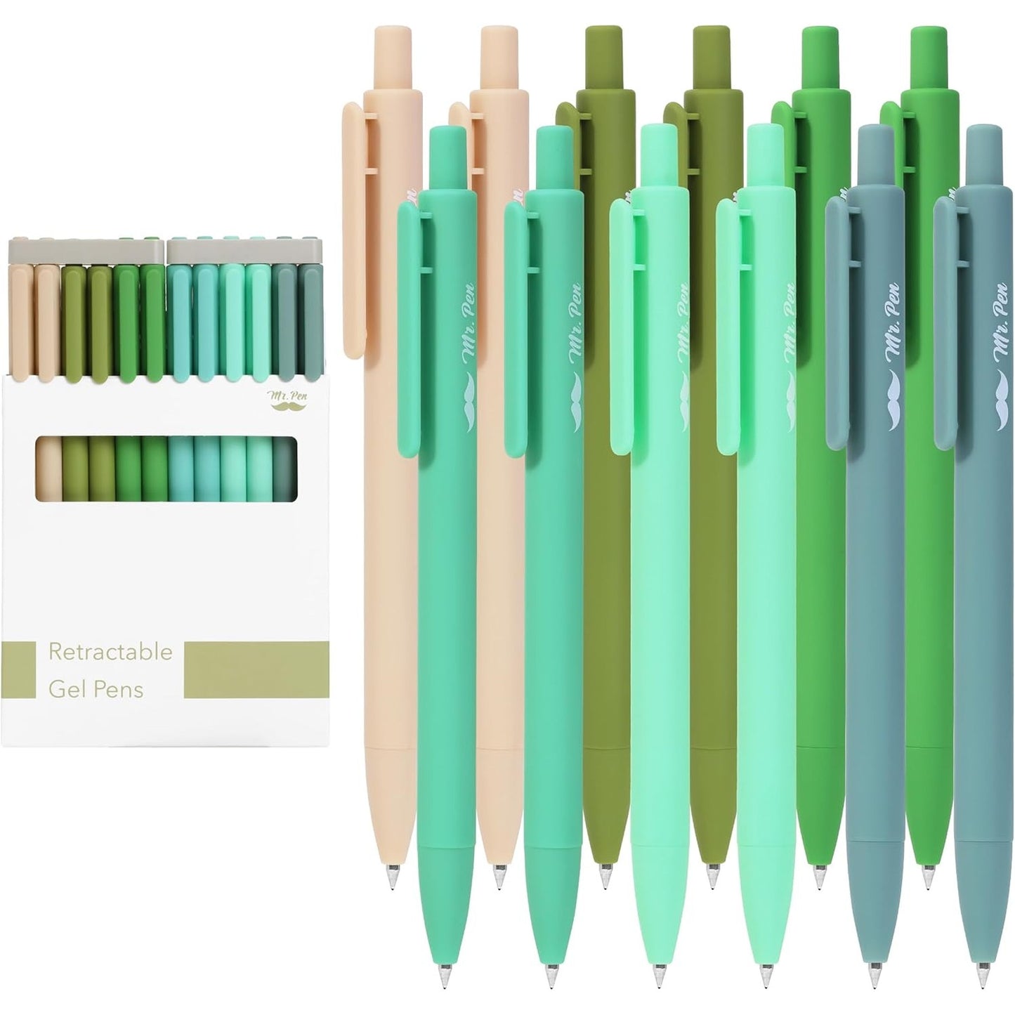 Mr. Pen- Retractable Gel Pens, 12 Pack, Black Ink, Green Ombre Color Barrel Gel Pens, Gel Pens Fine Point 0.5mm, Retractable Pens, Cute Pens