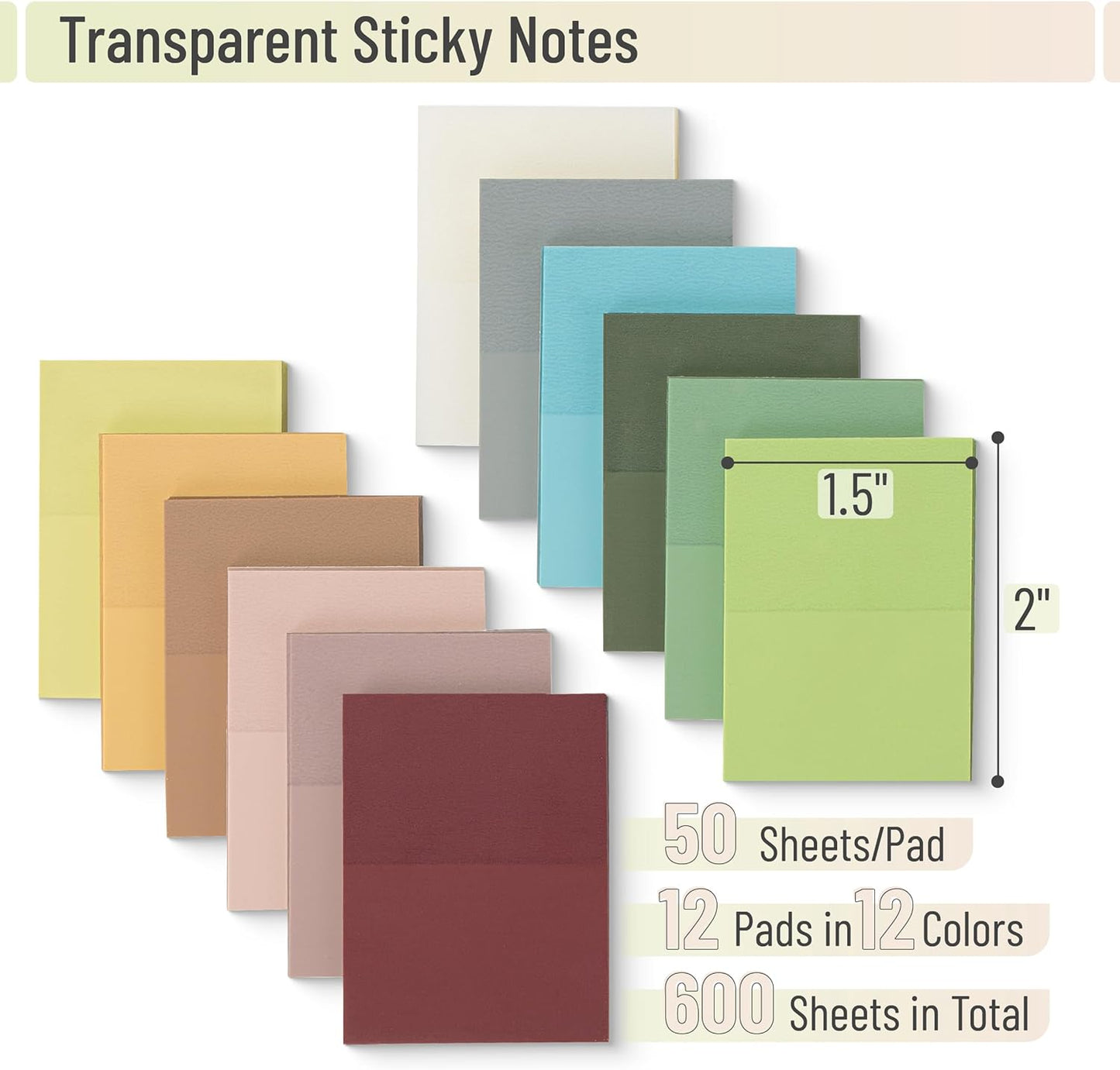 Transparent Sticky Notes, 1.5x2, 600 Sheets, Vintage Colors, See Through Sticky Notes, Sticky Notes Transparent, Translucent Sticky Notes, Clear Transparent Sticky Notes, Sticky Notes Clear