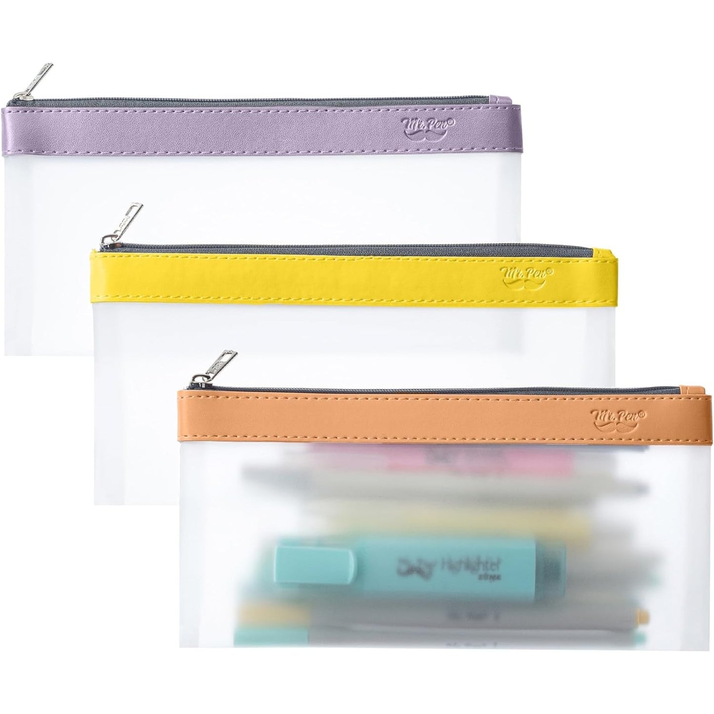 Clear Pencil Pouches, 3 Pack, Transparent TPU Zipper Bags for School, Travel & Makeup