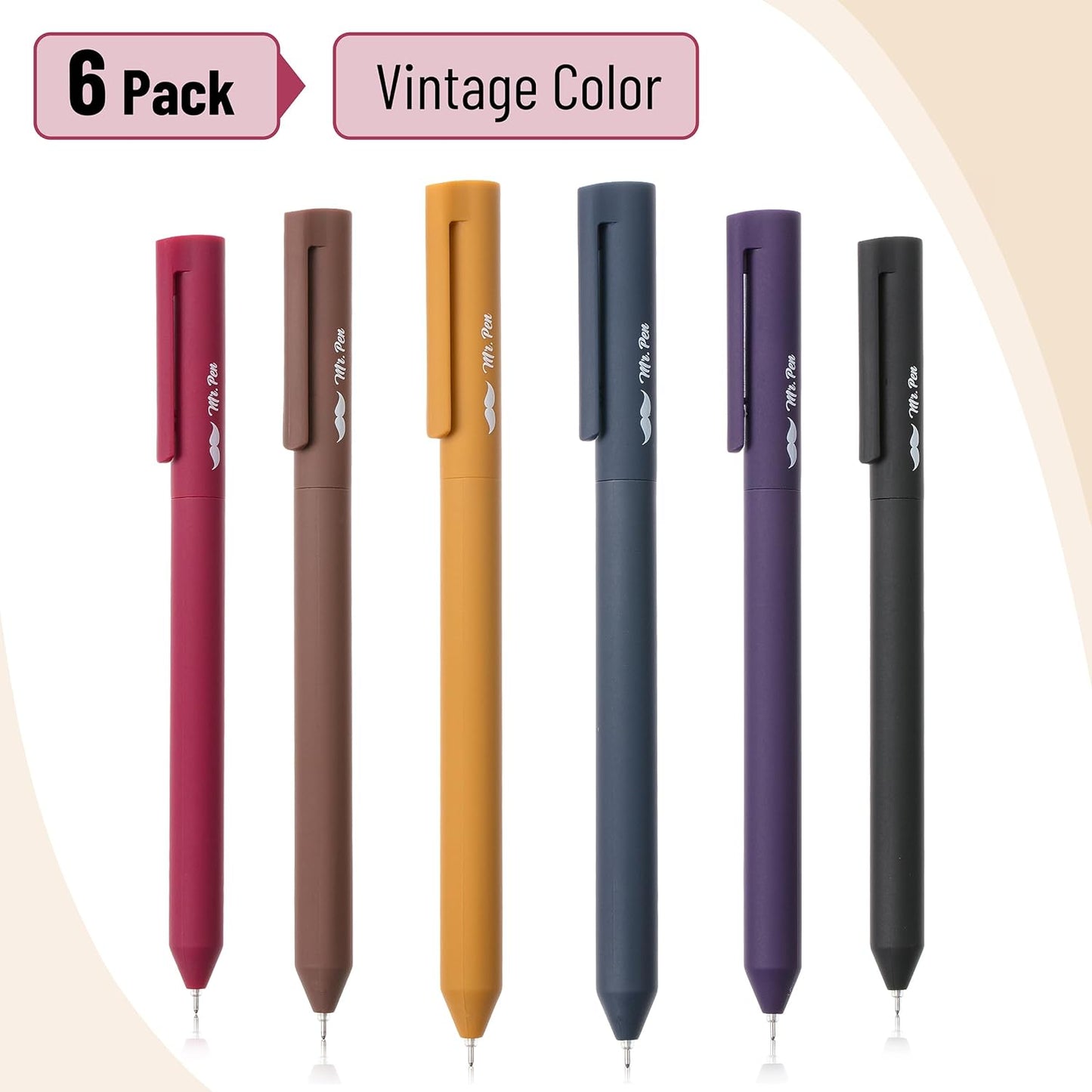 Retractable Gel Pens, 6 Pack, Vintage Colors, Smooth Writing, Fine Point, Colored Ink, Stylish Barrels