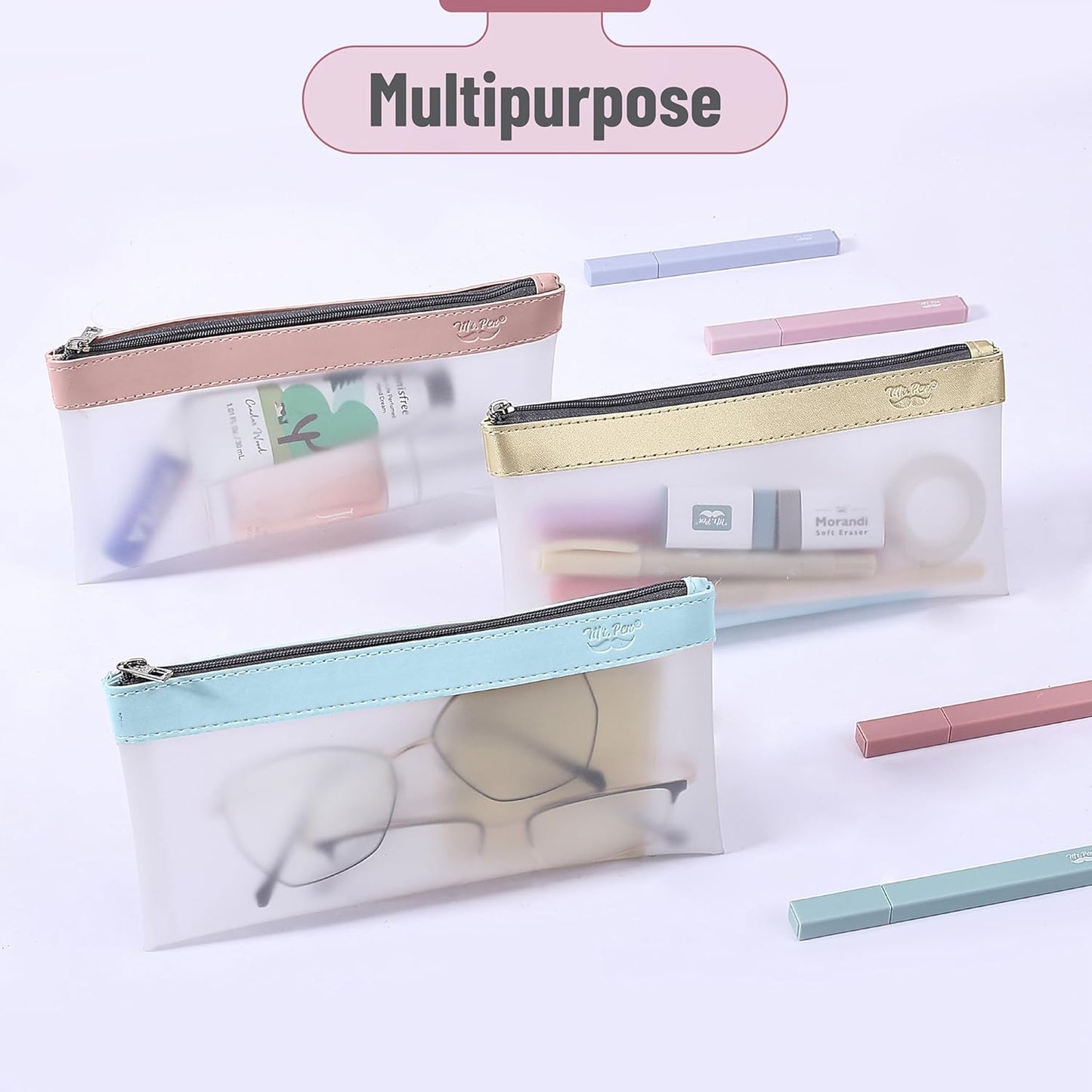 Clear Pencil Pouches, 3 Pack, Transparent TPU Zipper Bags for School, Travel & Makeup