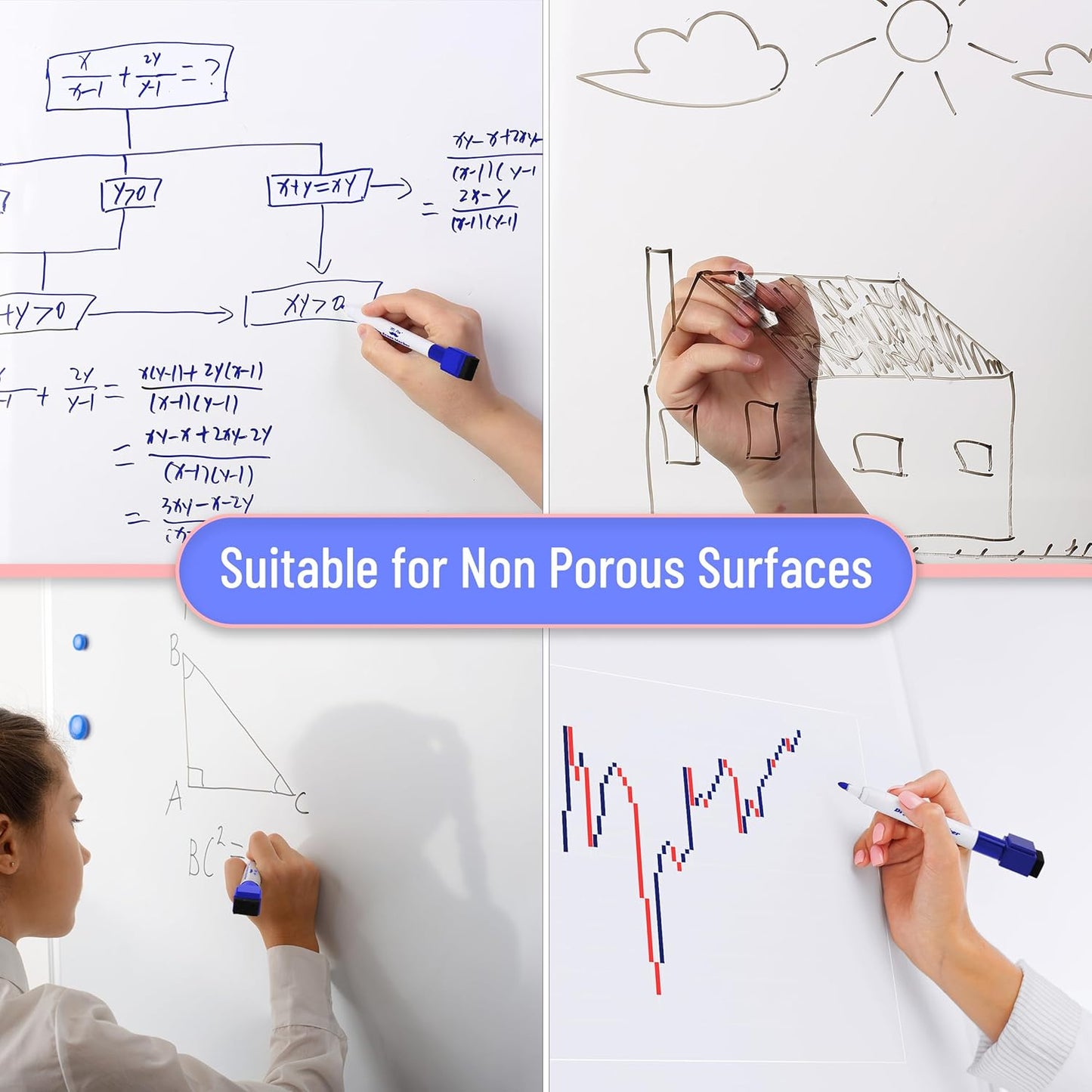 Magnetic Dry Erase Markers, 12 Pack, Blue, Fine Tip, Cap Eraser