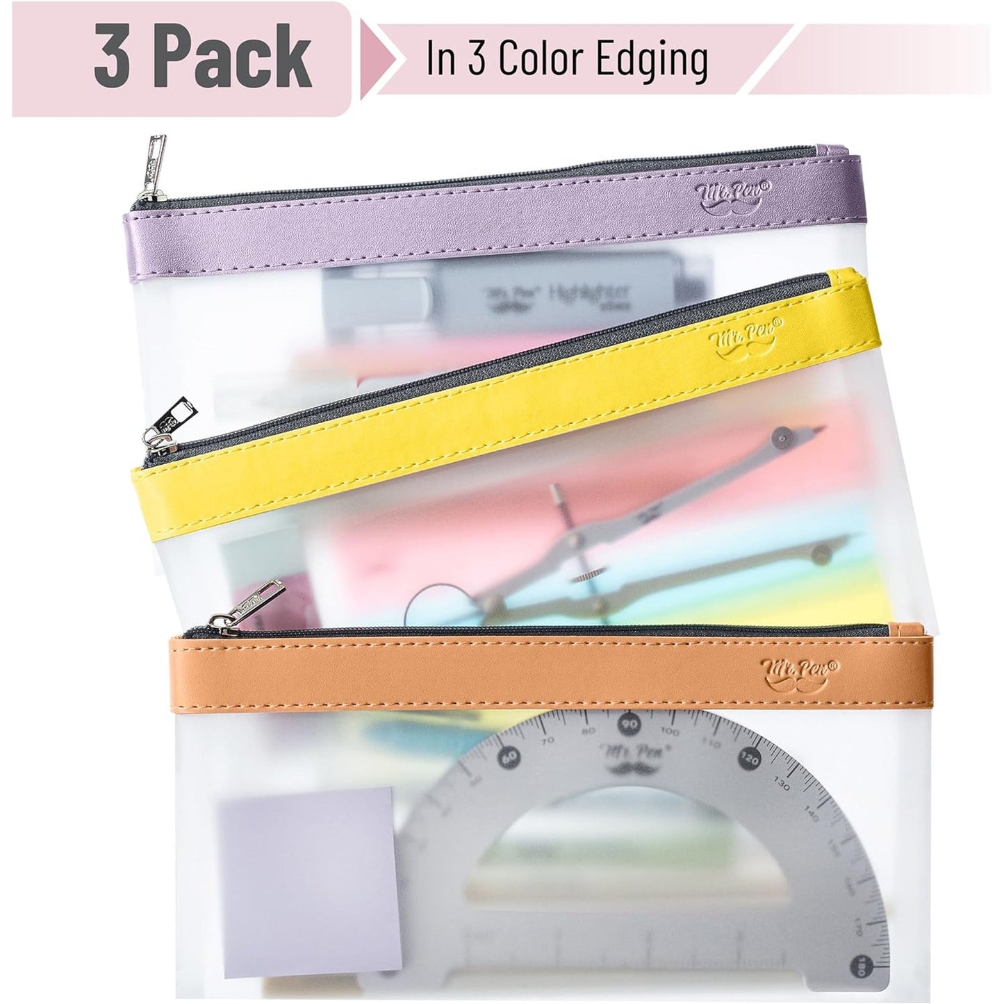 Clear Pencil Pouches, 3 Pack, Transparent TPU Zipper Bags for School, Travel & Makeup