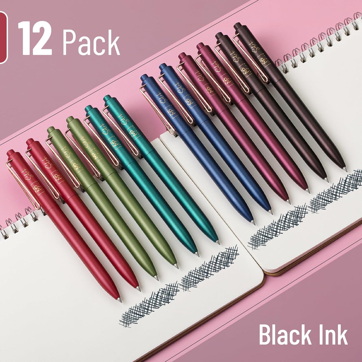 Retractable Gel Pens, 12 Pack, Black Ink, 0.5mm Fine Point, Metallic Vintage Barrels, Fast Dry, Aesthetic Pens