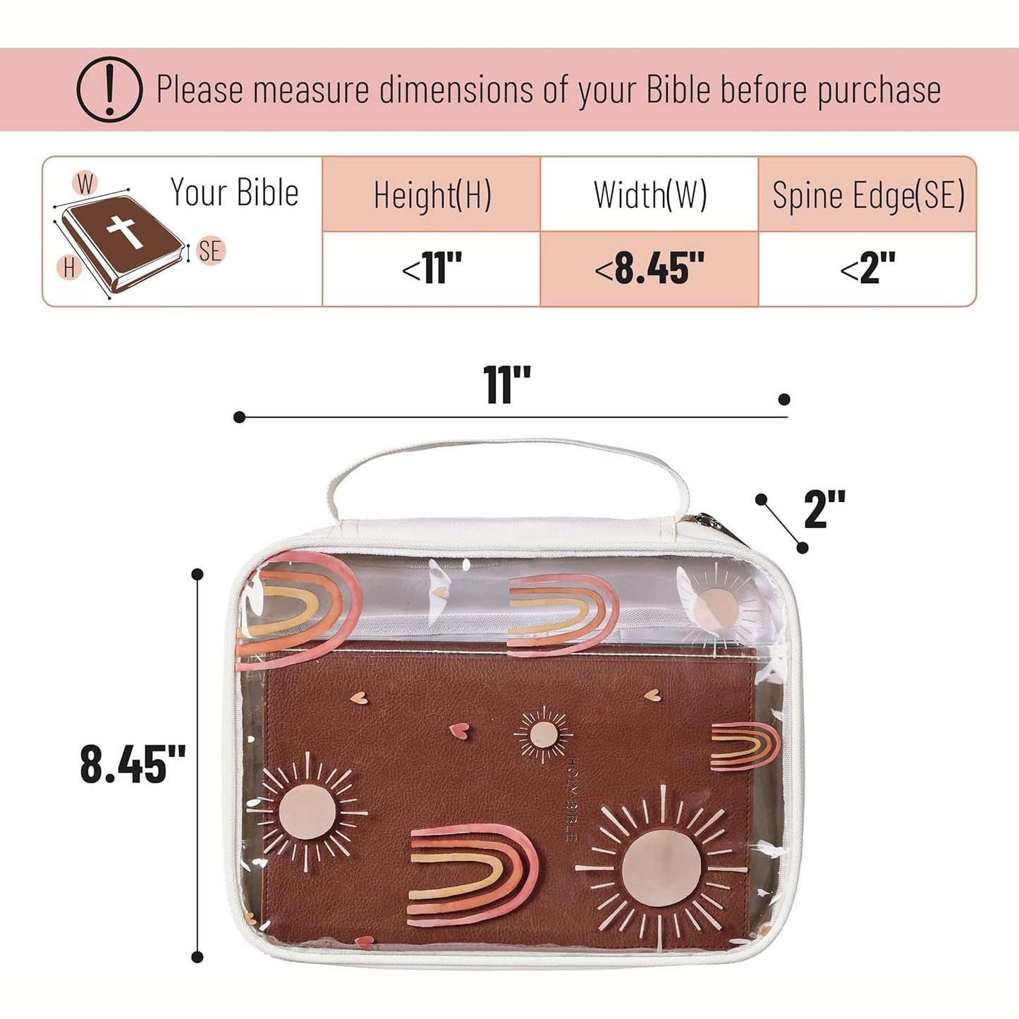 Clear Bible Case with Rainbow & Sun Design, Durable Zipper, Multiple Pockets