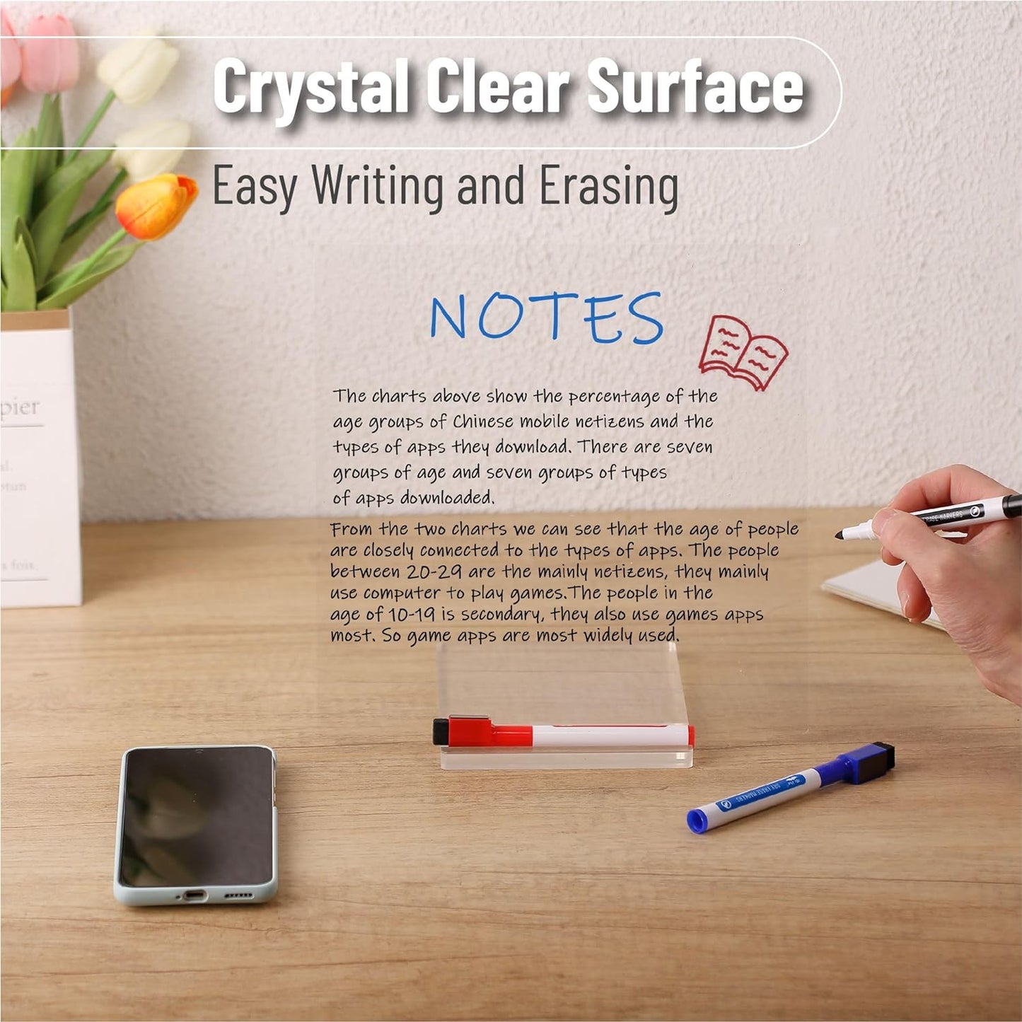 Clear Acrylic Dry Erase Board with Stand, 10"x10", Includes 3 Markers with Eraser Caps, Desk Whiteboard
