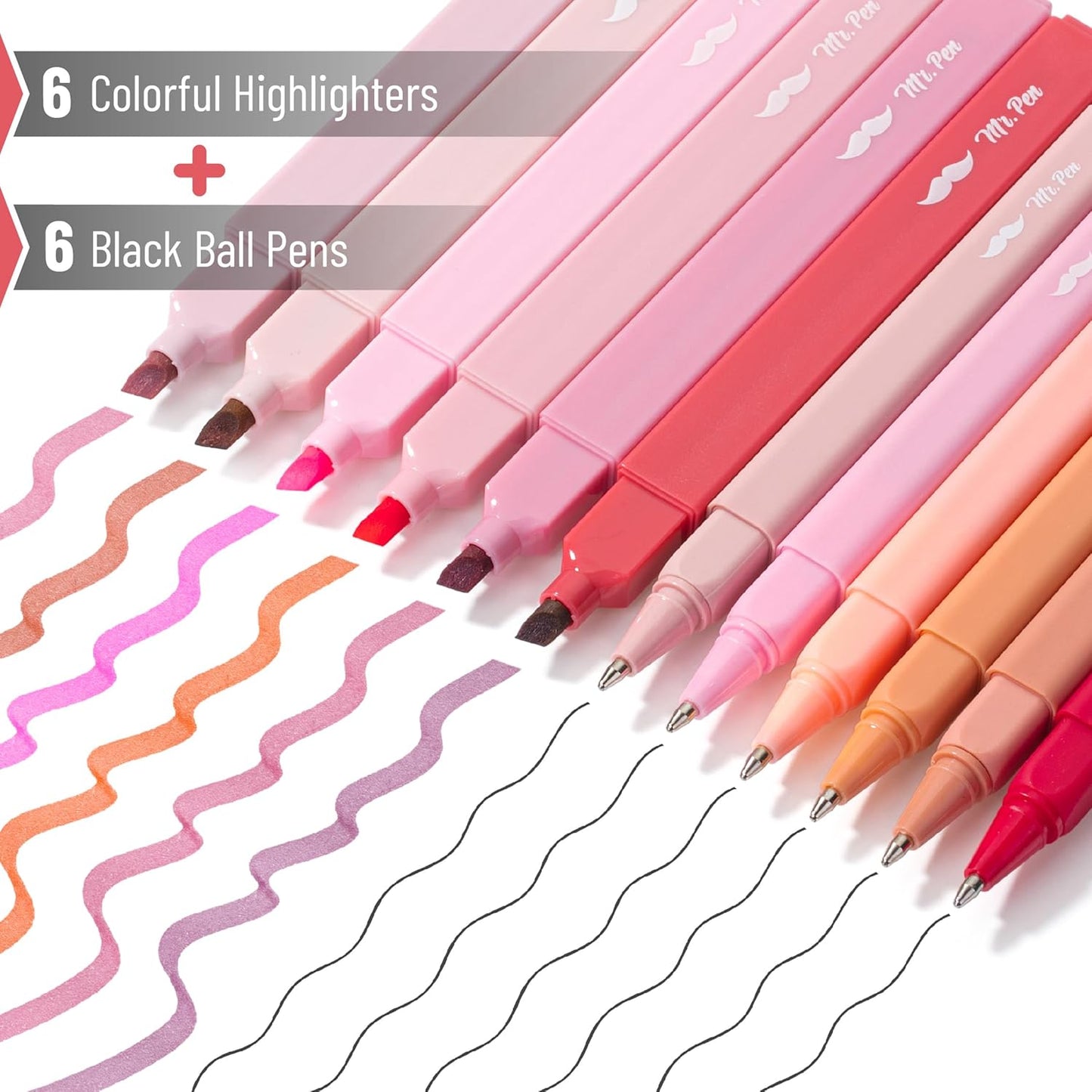 Aesthetic Highlighters & Ballpoint Pens, 12 Pack, Black Ink, No-Bleed, Soft Colors, Chisel Tip + Ballpoint Pens, Journaling & Study Set