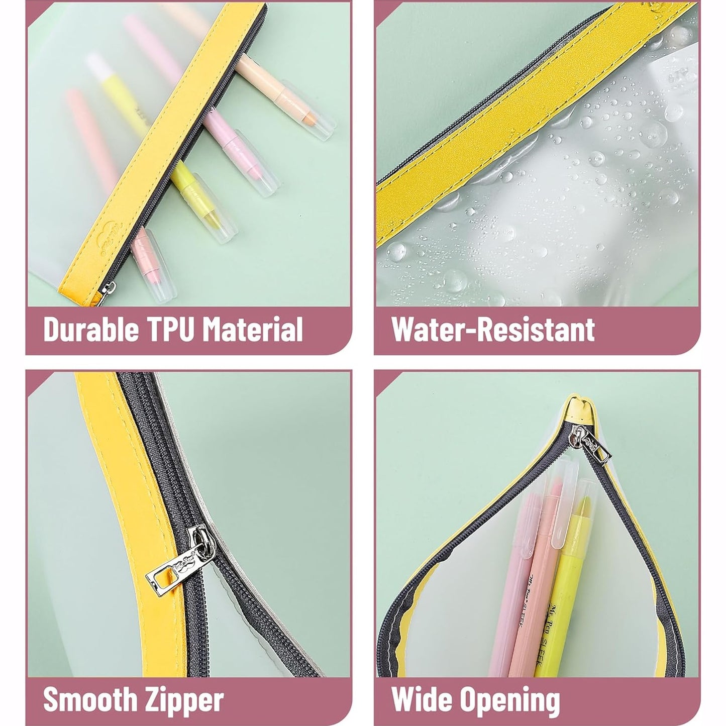 Clear Pencil Pouches, 3 Pack, Transparent TPU Zipper Bags for School, Travel & Makeup