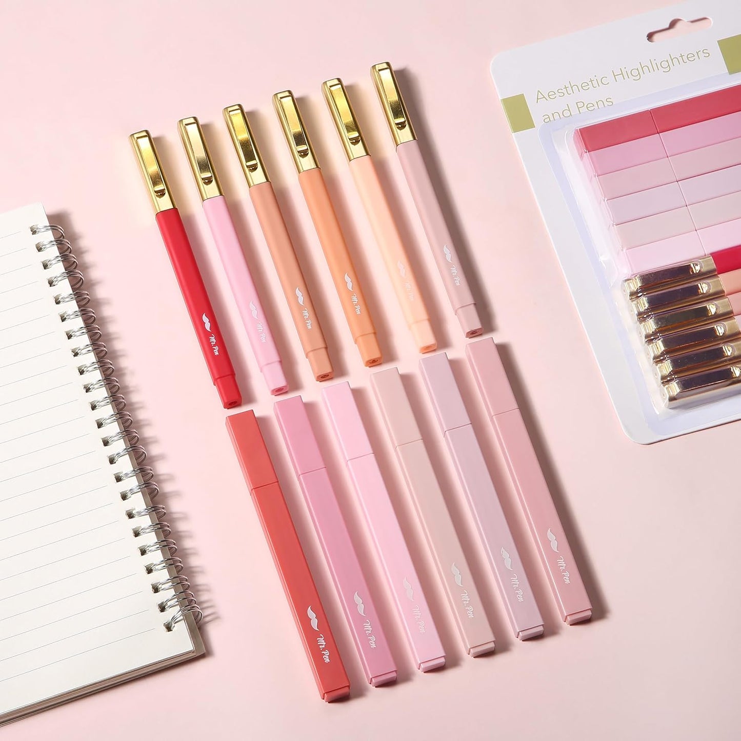 Aesthetic Highlighters & Ballpoint Pens, 12 Pack, Black Ink, No-Bleed, Soft Colors, Chisel Tip + Ballpoint Pens, Journaling & Study Set