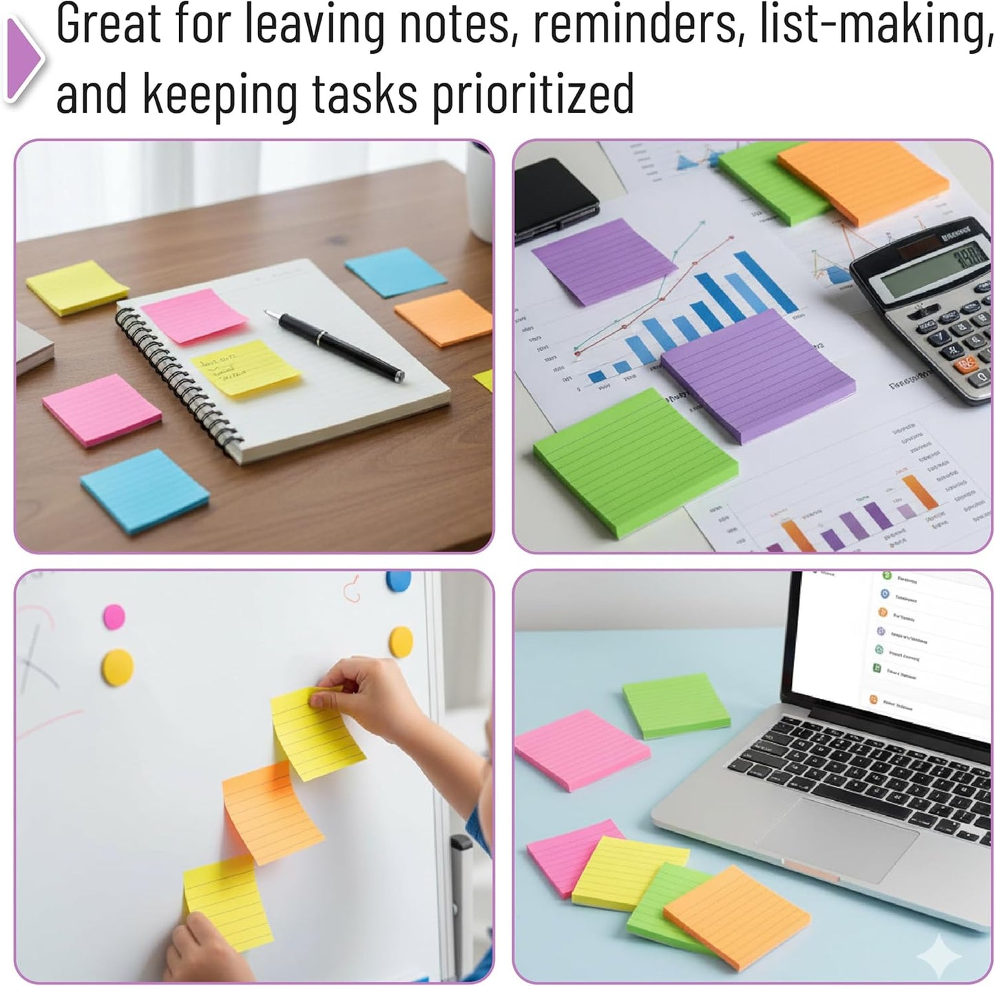Lined Sticky Notes Set 4x6 and 3x3, 16 Pads, 720 Sheets, Pastel