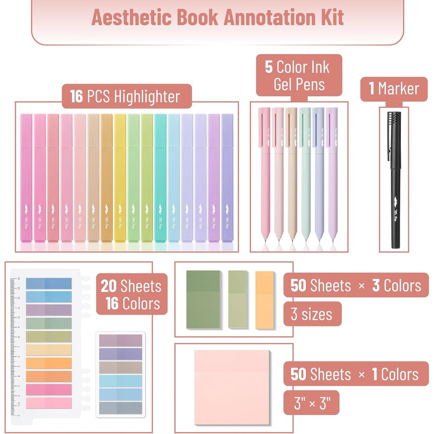 Aesthetic Book Annotation Kit, 38 Pcs, Highlighters, Gel Pens & Sticky Notes Set