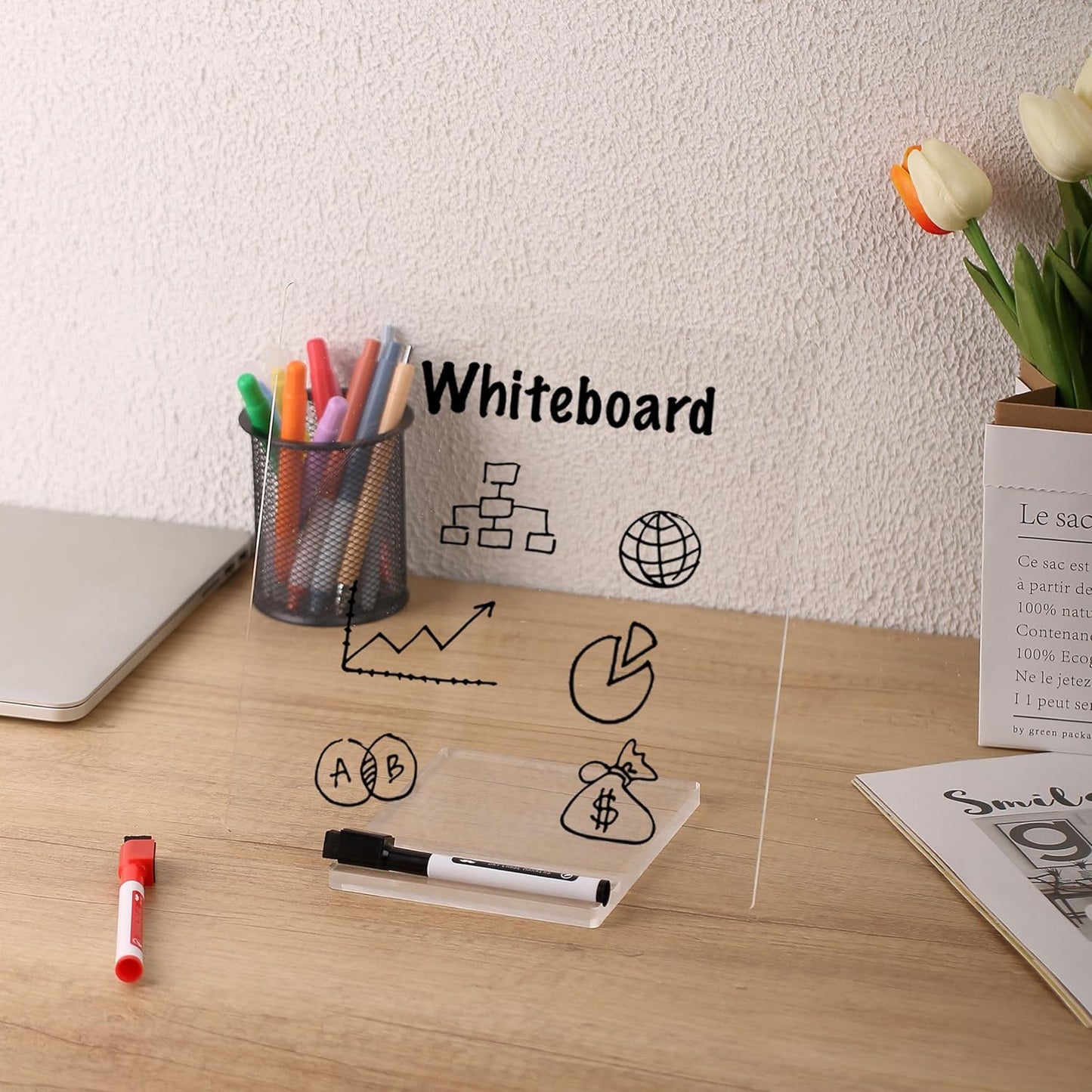 Clear Acrylic Dry Erase Board with Stand, 10"x10", Includes 3 Markers with Eraser Caps, Desk Whiteboard
