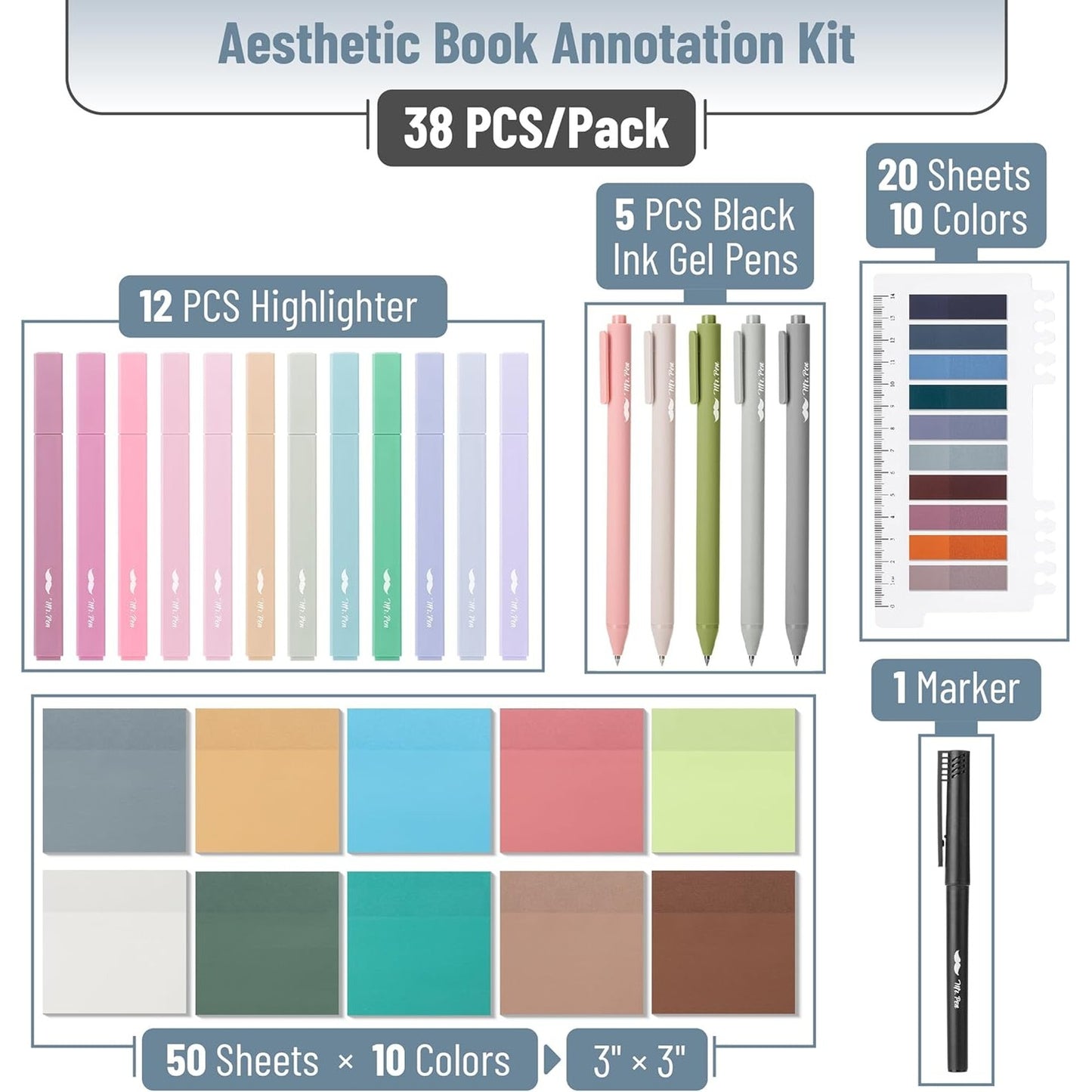 Aesthetic Book Annotation Kit, 38 Pcs, Highlighters, Gel Pens & Sticky Notes Set