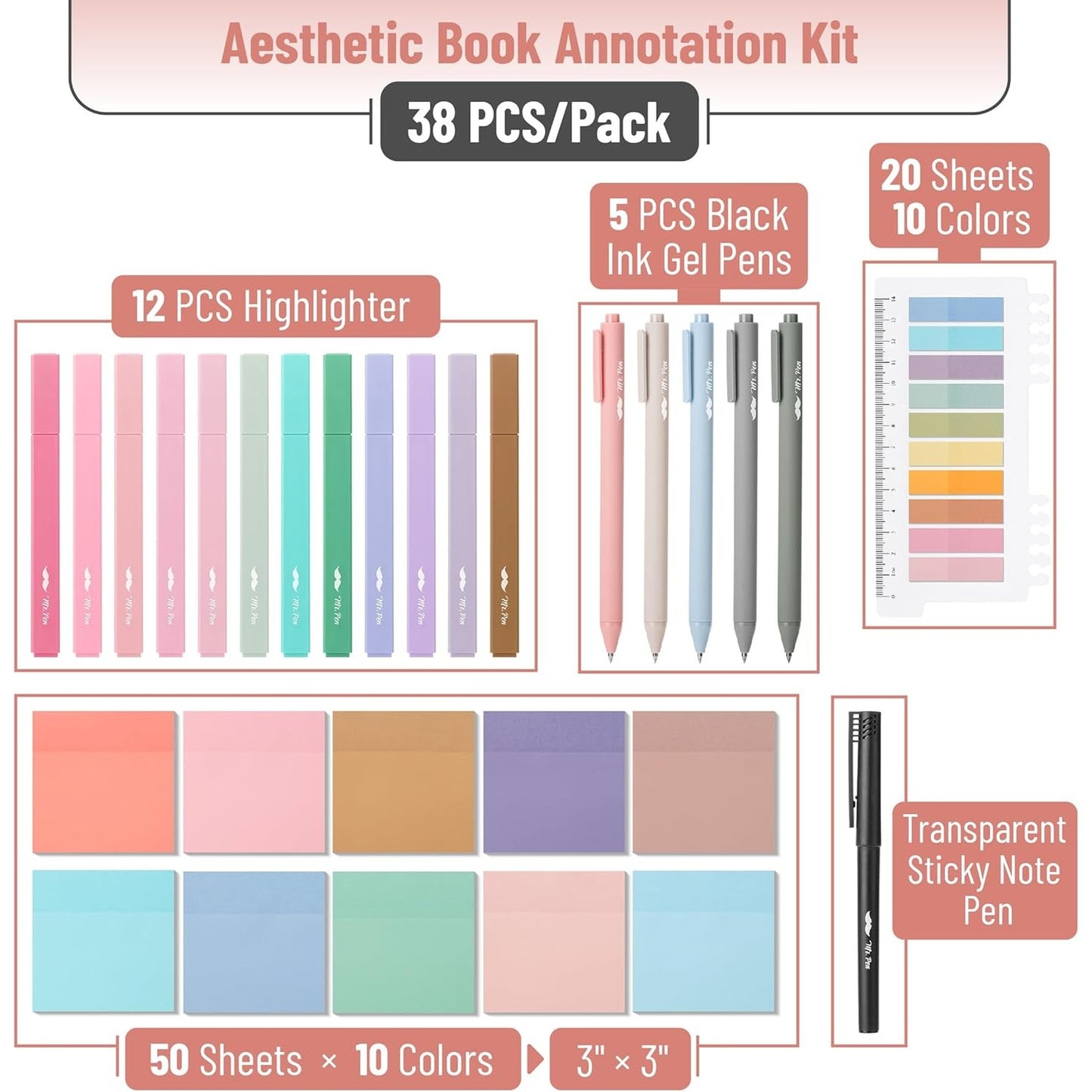 Aesthetic Book Annotation Kit, 38 Pcs, Highlighters, Gel Pens & Sticky Notes Set