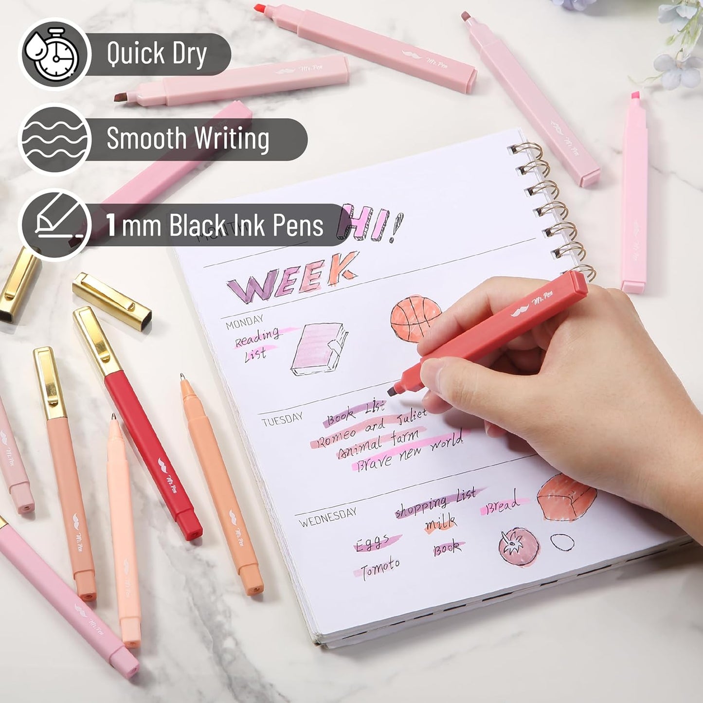 Aesthetic Highlighters & Ballpoint Pens, 12 Pack, Black Ink, No-Bleed, Soft Colors, Chisel Tip + Ballpoint Pens, Journaling & Study Set