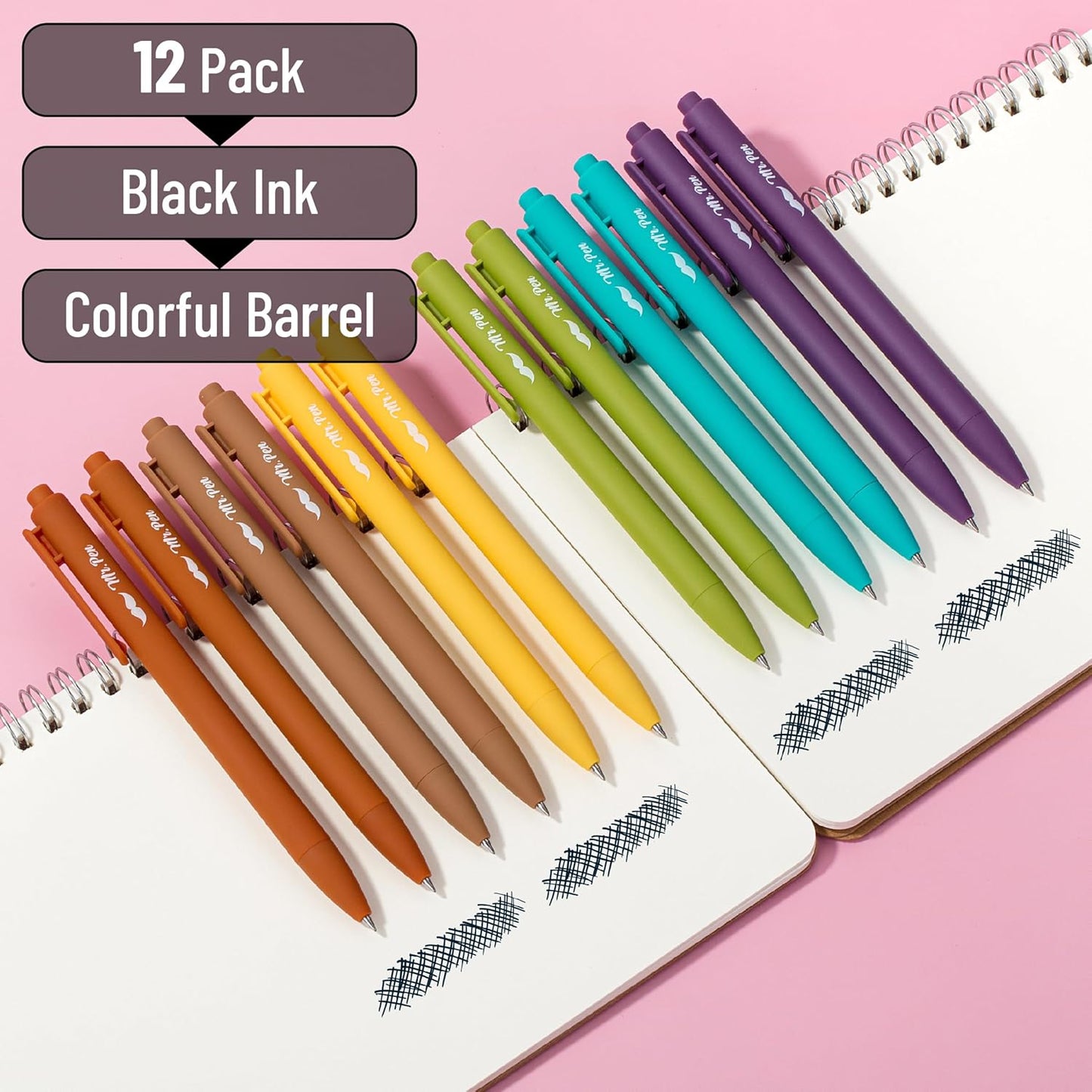 Mr. Pen- Retractable Gel Pens, 12 Pack, Black Ink, Earthy Color Barrel Gel Pens, Gel Pens Fine Point 0.5mm, Retractable Pens
