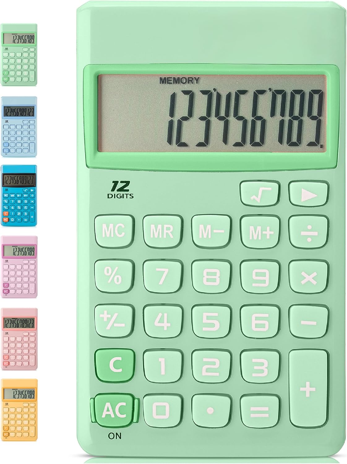 Simple Calculator, 12-Digit, Pastel Green, Solar, Handheld