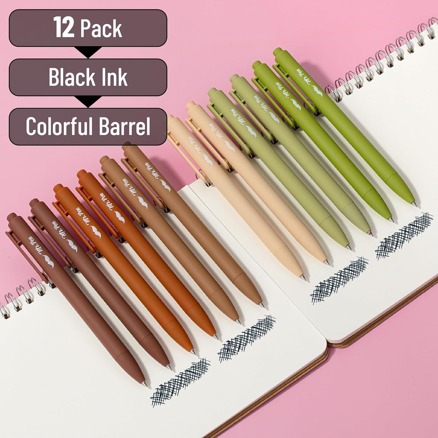 Mr. Pen- Retractable Gel Pens, 12 Pack, Black Ink, Dark Earthy Color Barrel Gel Pens, Gel Pens Fine Point 0.5mm, Retractable Pens