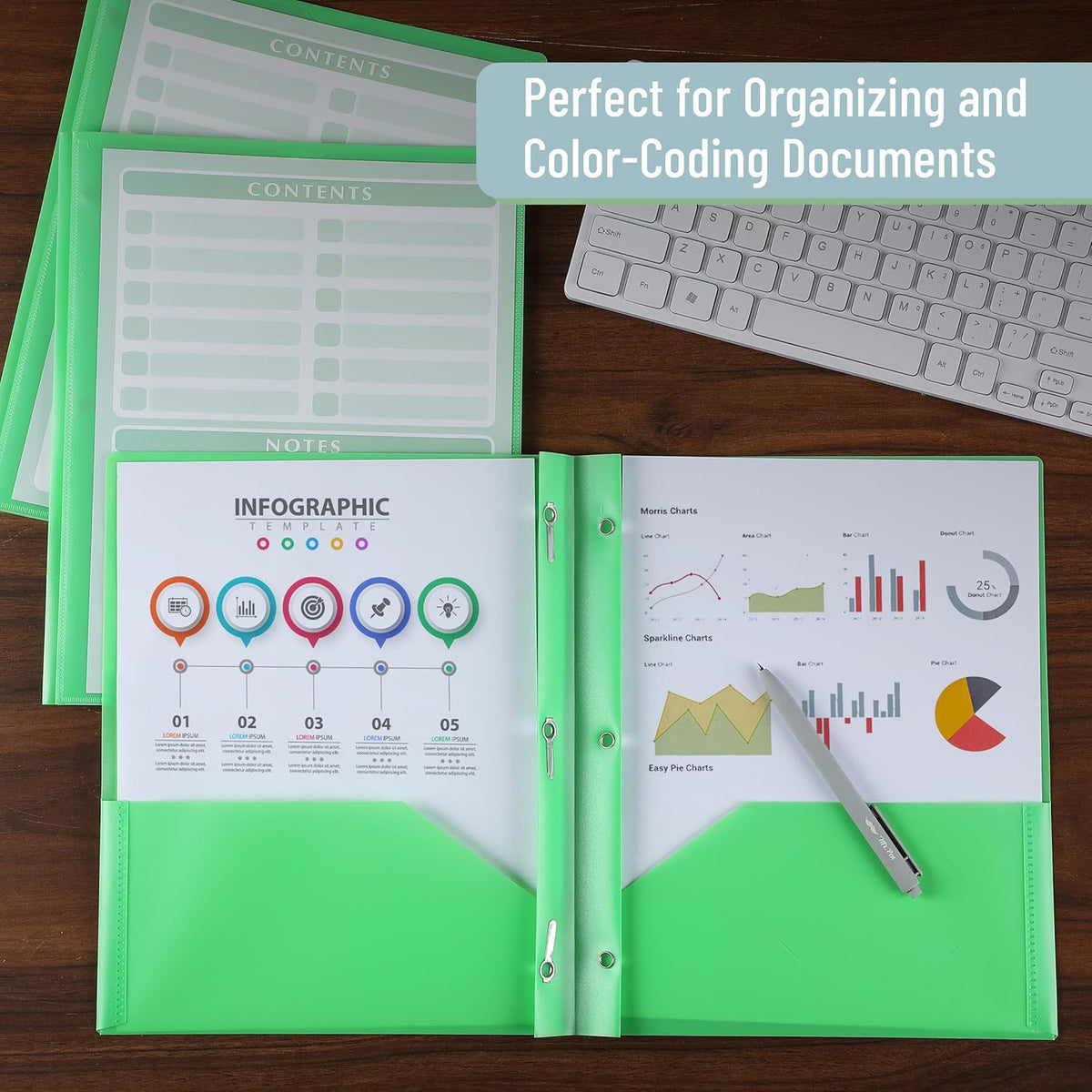 Mr. Pen- Plastic Folders with Pockets and Prongs, 24 Pack, Letter Size, Green, Flexible Plastic Folders with Prongs