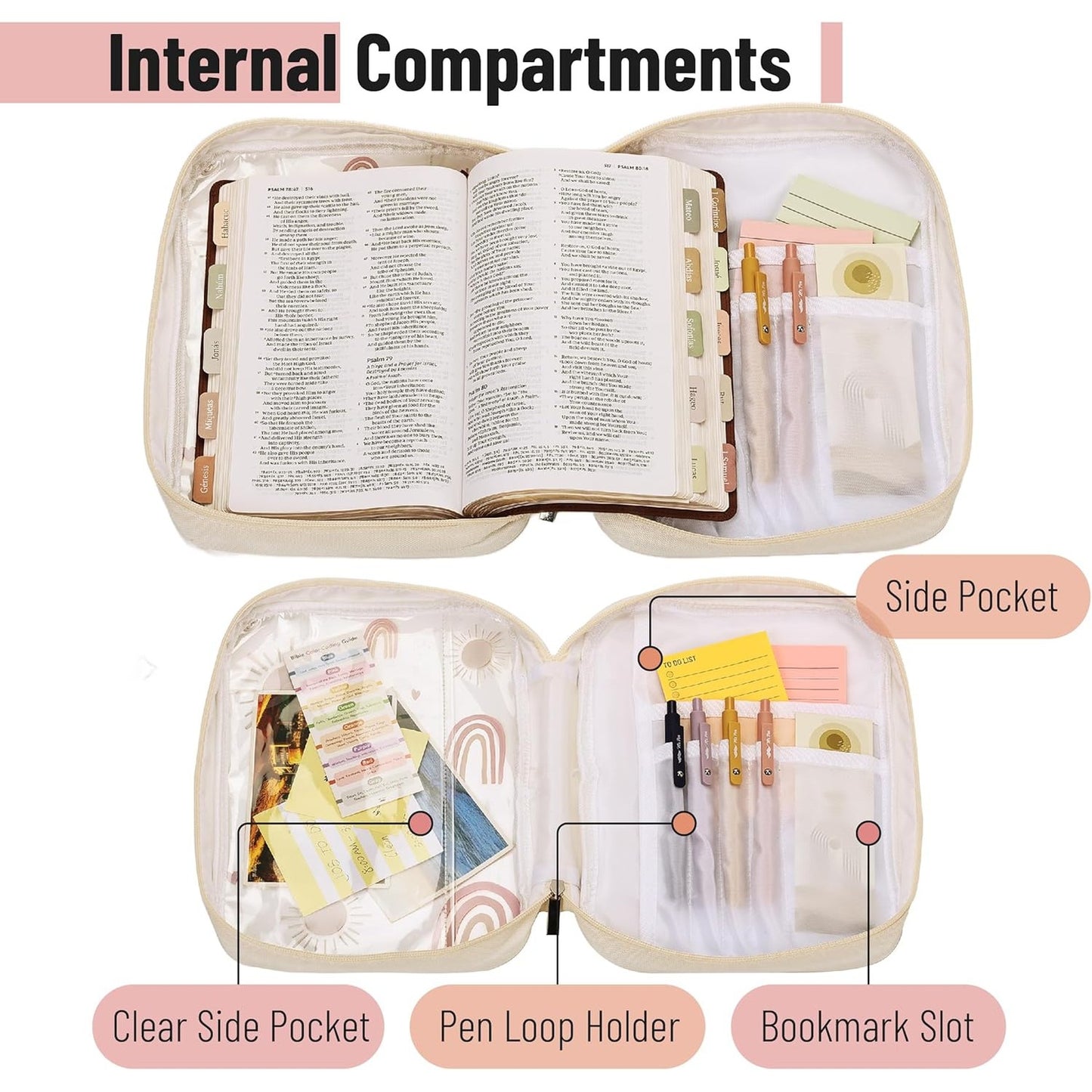 Clear Bible Case with Rainbow & Sun Design, Durable Zipper, Multiple Pockets