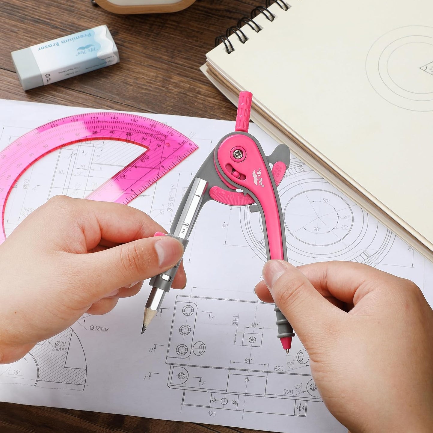 School Compass and Protractor Set, Vivid Cerise, Metal Body