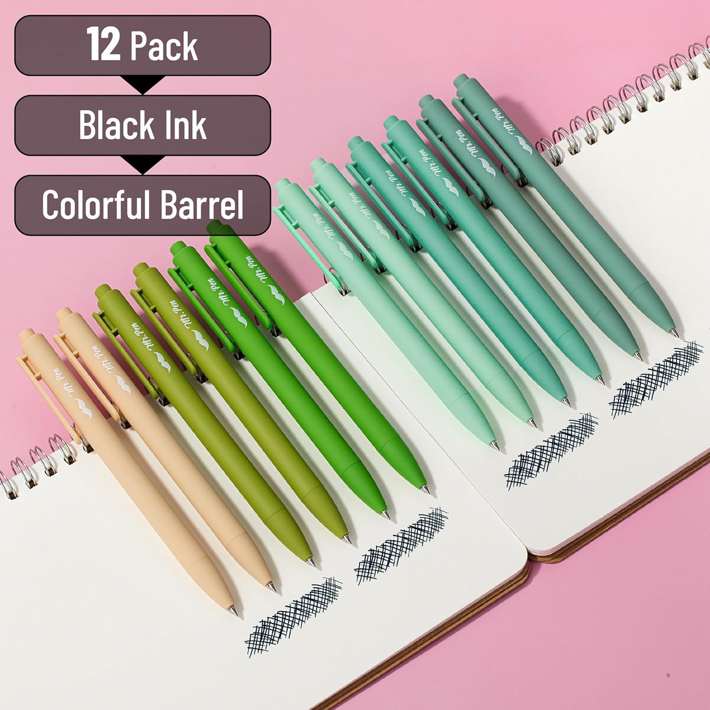 Mr. Pen- Retractable Gel Pens, 12 Pack, Black Ink, Green Ombre Color Barrel Gel Pens, Gel Pens Fine Point 0.5mm, Retractable Pens, Cute Pens