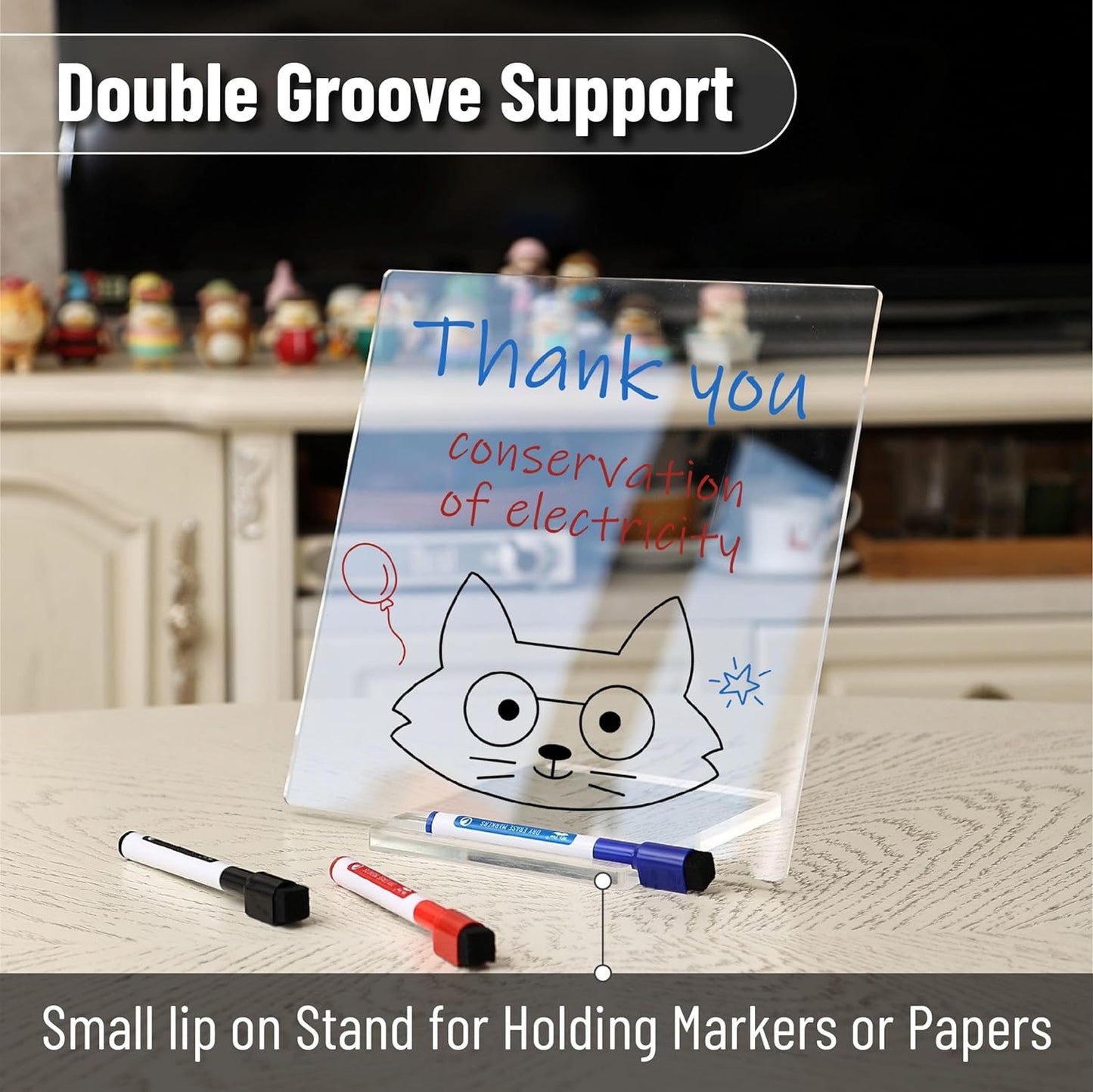 Clear Acrylic Dry Erase Board with Stand, 10"x10", Includes 3 Markers with Eraser Caps, Desk Whiteboard