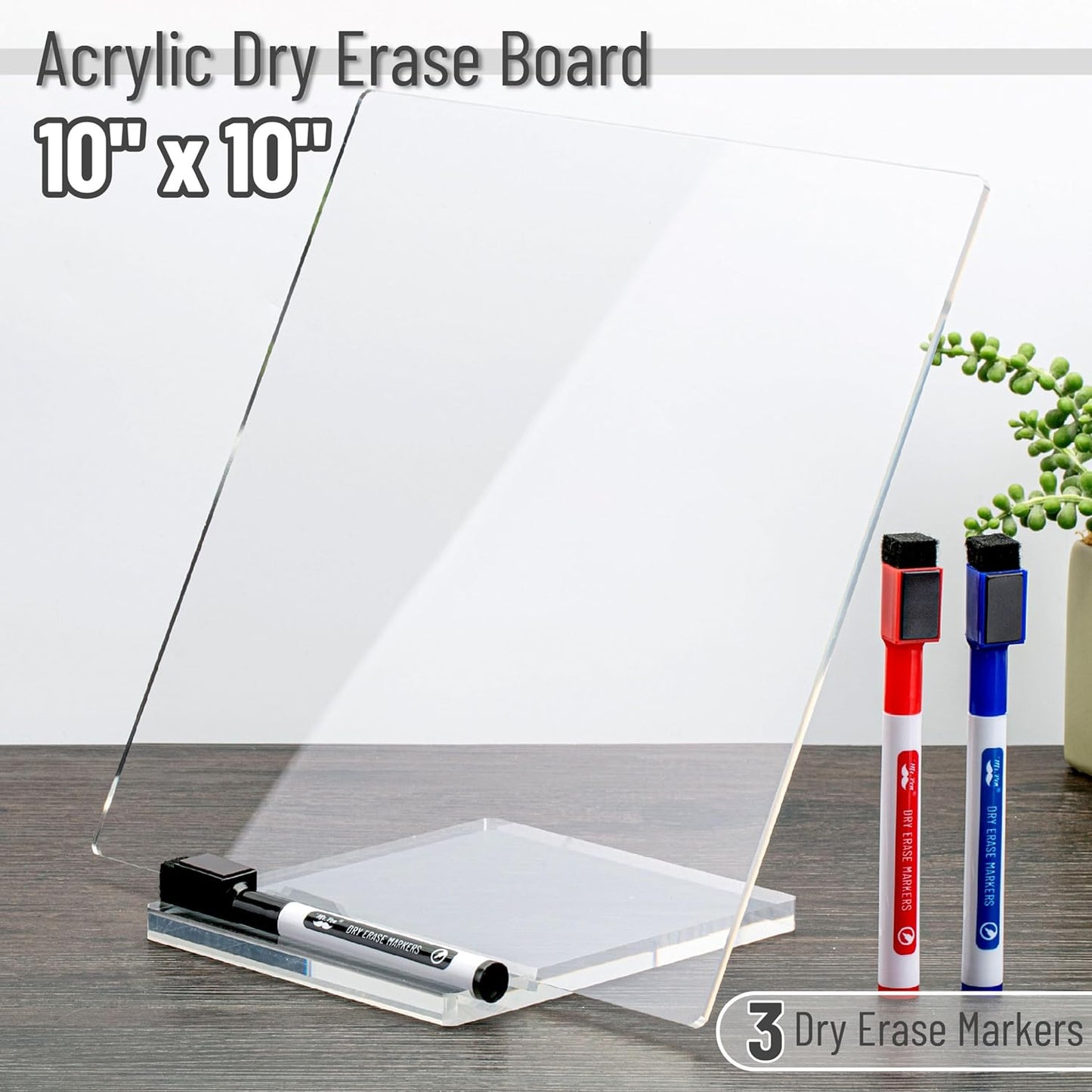 Clear Acrylic Dry Erase Board with Stand, 10"x10", Includes 3 Markers with Eraser Caps, Desk Whiteboard