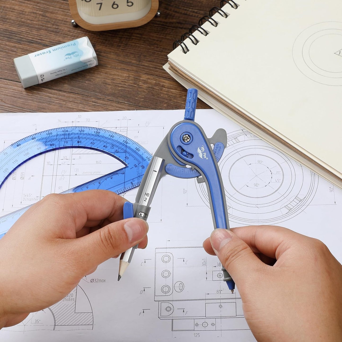Compass and Protractor Set, Midnight Blue, 180° Protractor